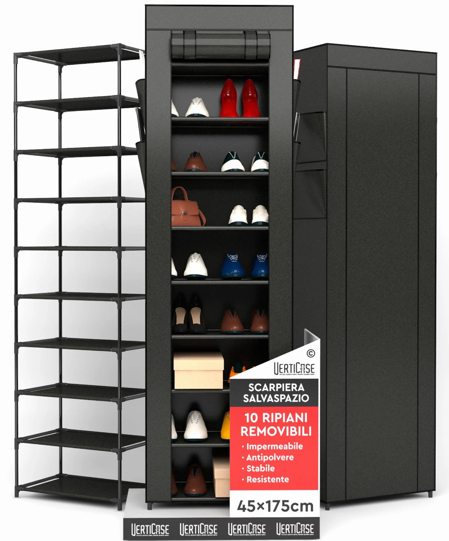 Scarpiera Slim Salvaspazio 10 Ripiani Tessuto Impermeabile Nera 45x175x28cm Scaffale Scarpe Verticale