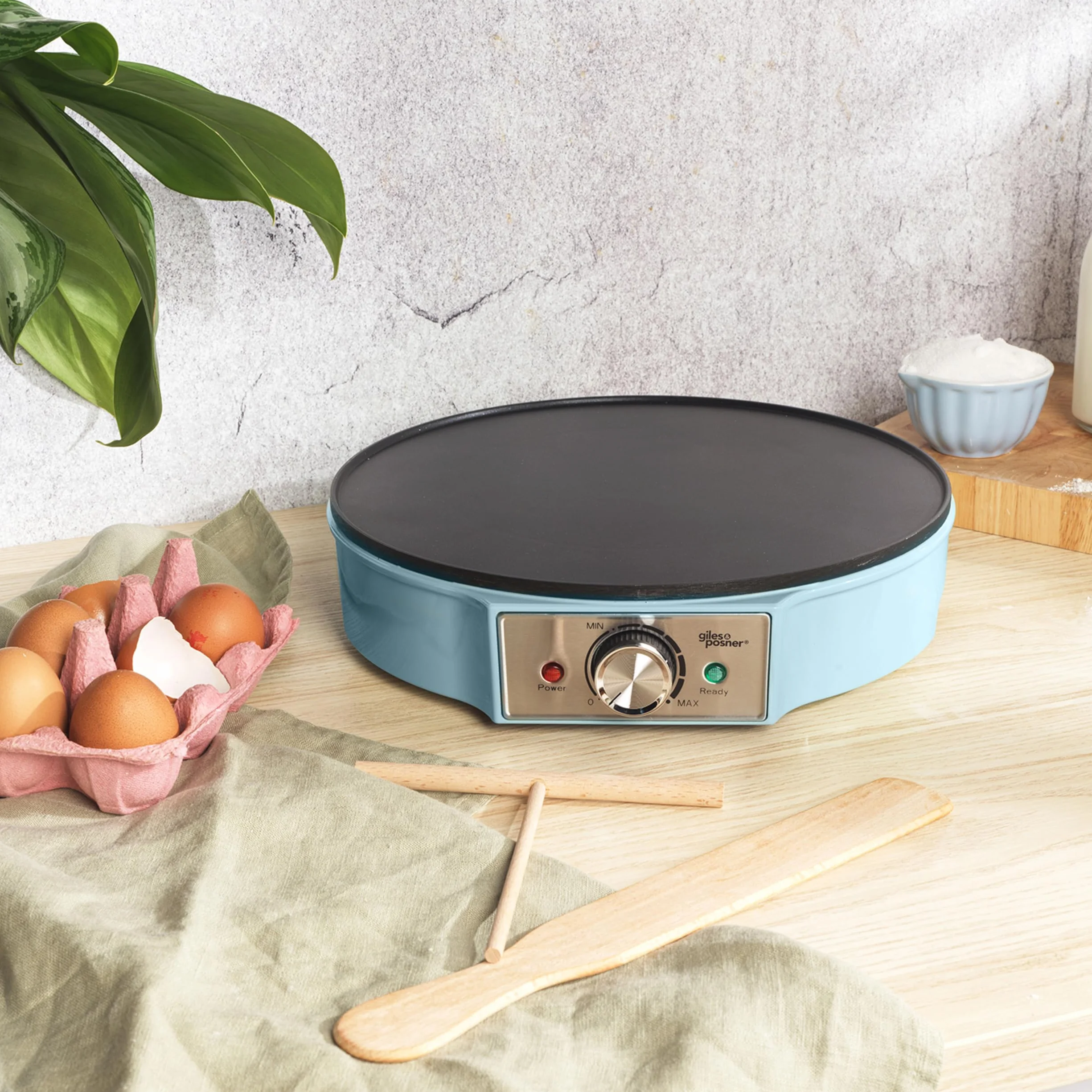 Giles & Posner Crepe Maker Piastra Elettrica Antiaderente 30 cm 1000W Temperatura Regolabile Blu