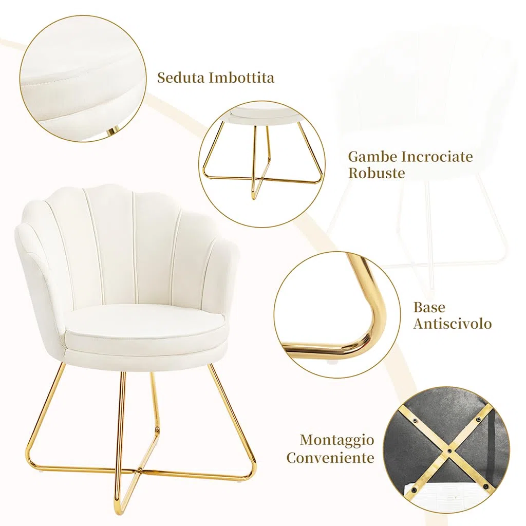 Hellove Sedia Trucco, Poltrona Conchiglia in Velluto con Placcato Oro Metallo Gambe, Moderno Poltrona Salotto con Seduta Morbida Imbottita per Camera da letto/Soggiorno/Vanità, Beige