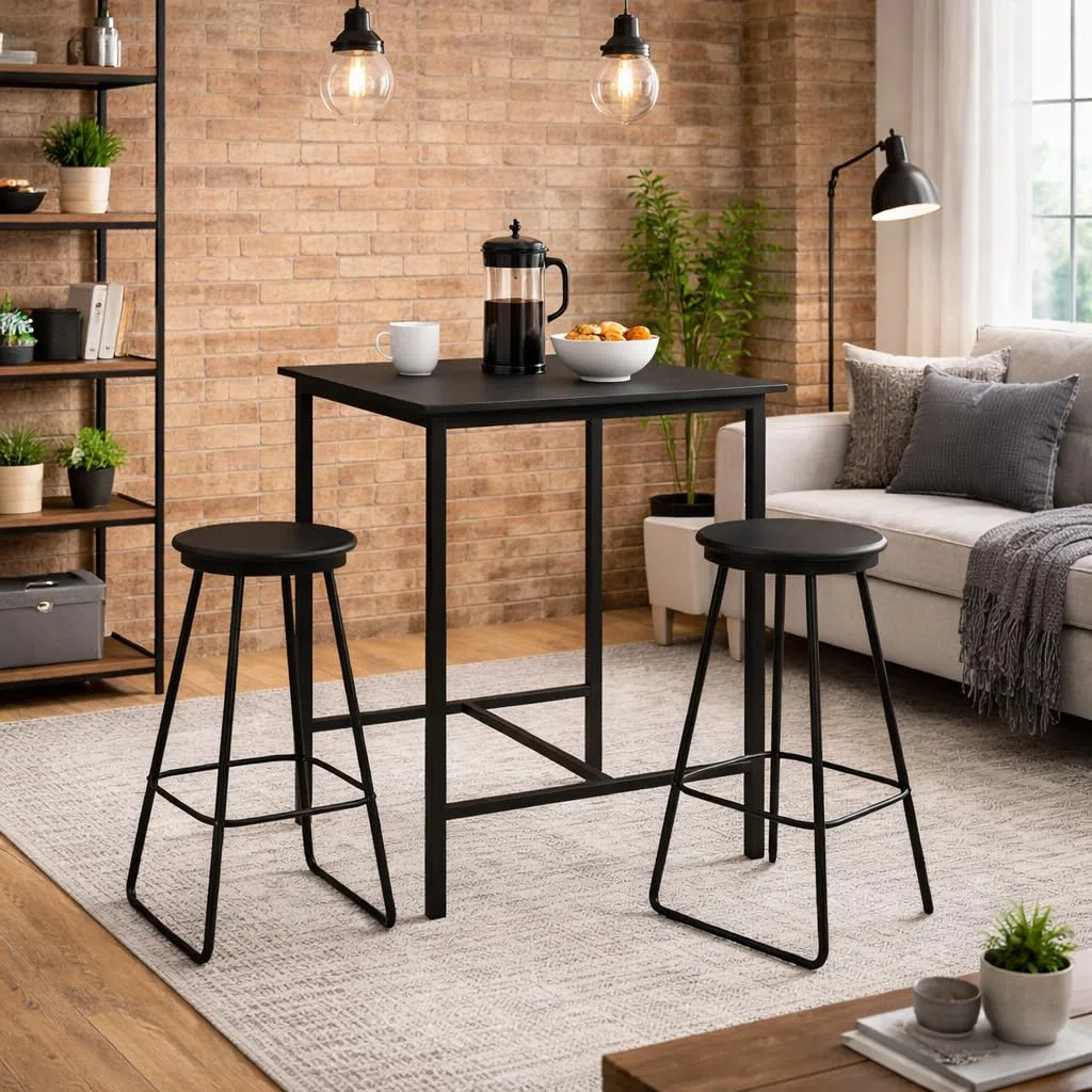 Set Tavolo Alto con 2 Sgabelli - Quadrato, in Legno, Struttura in metallo, Stile Moderno, Industriale, per Bar, Casa - Tavolo 60 x 60 x 100h cm (Nero)