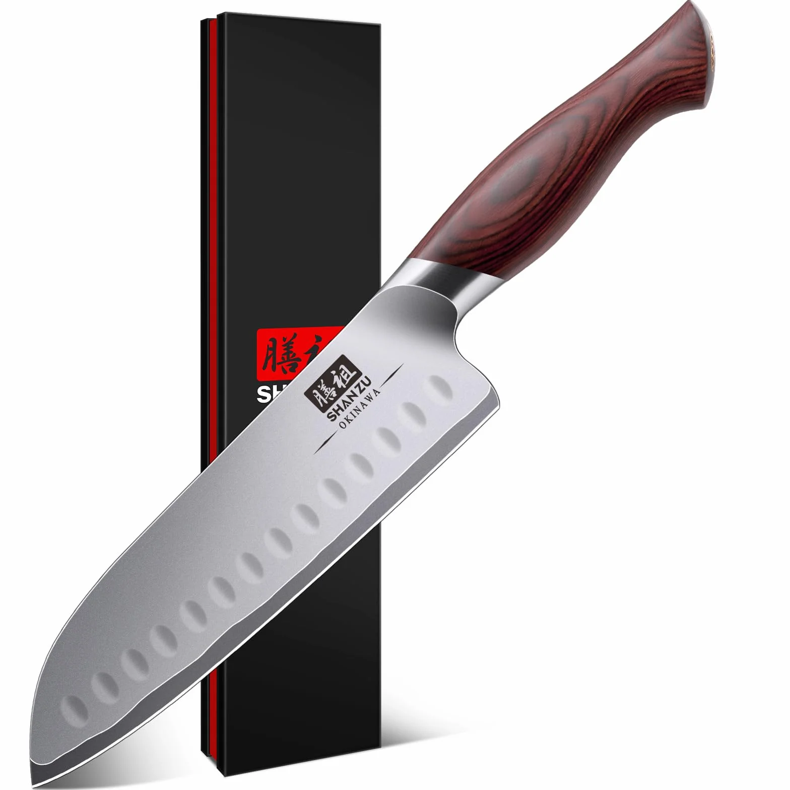 SHAN ZU Coltello da Cucina 18 cm, Coltello Santoku Giapponese in Acciaio ad alto Tenore di Carbonio 10Cr15Mov con Lama Ultra Affilata da 12° e Impugnatura Ergonomica in Pakkawood