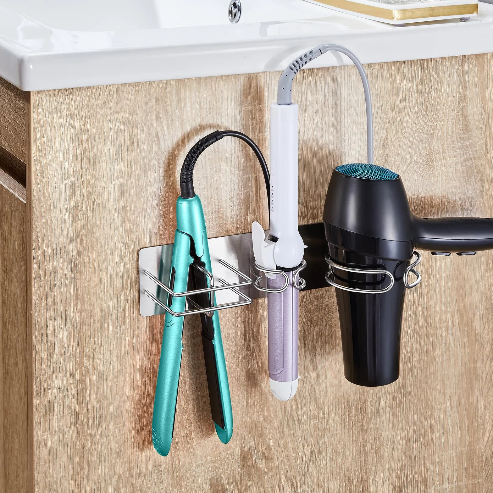 YYBO Porta Phon da Muro, 3 in 1 Supporto per Asciugacapelli, Piastra Capelli, Ferro Arricciacapelli, Metallo Porta Asciugacapelli e Piastra Adesivo (Argento)