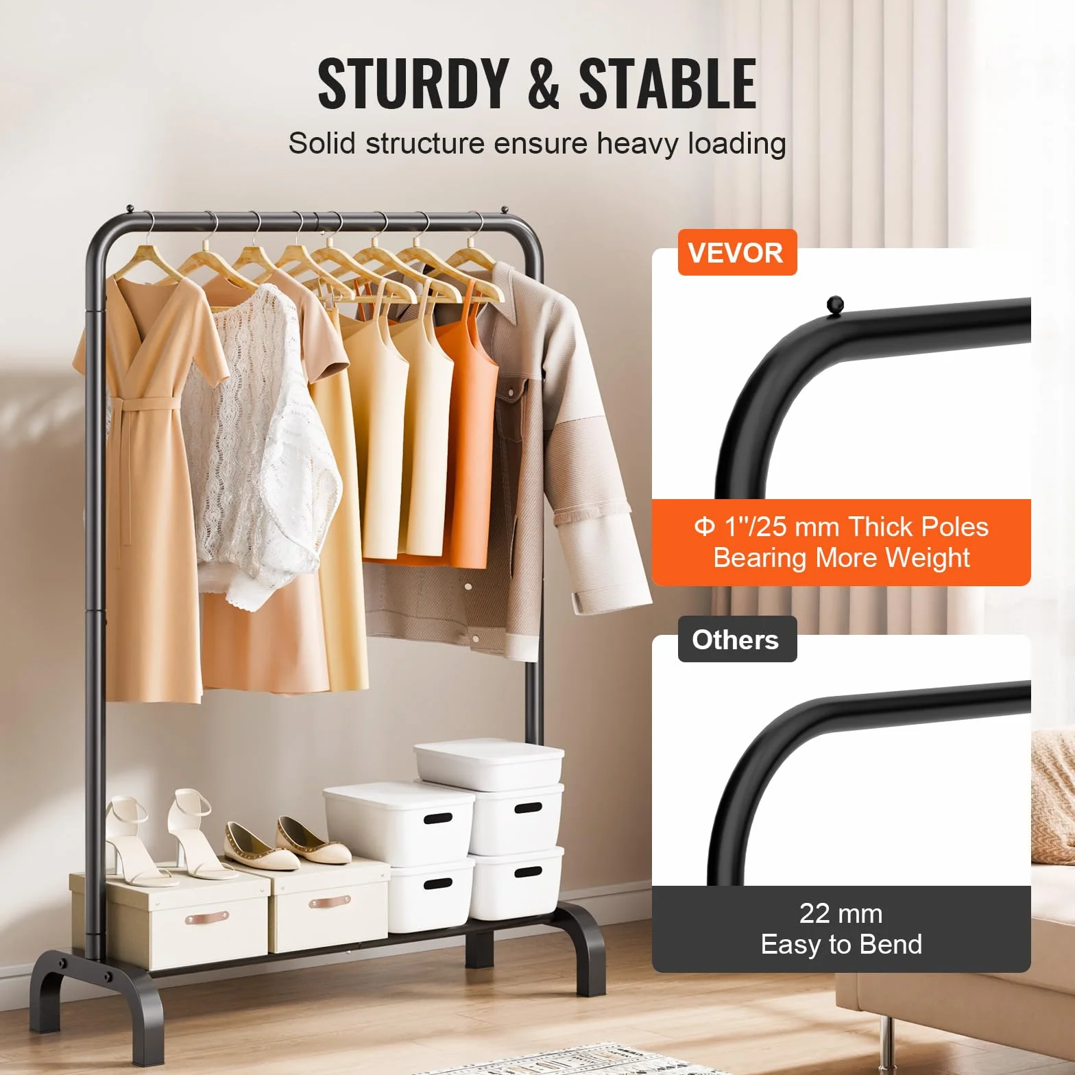 VEVOR Stand Appendiabiti Barra Singola Ripiano Singolo da Appendere per Camera da Letto Soggiorno, Appendiabiti in Acciaio al Carbonio Q235 Diametro del Tubo 25,4 mm, Stand Appendiabiti Peso di 2,9 kg