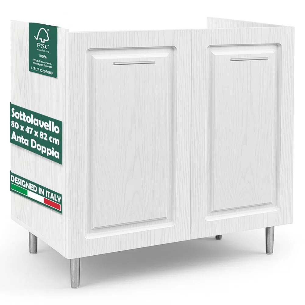 Shally Dogan Mobile Sottolavello Base per Cucina con Due Ante Design Boiserie, Mobiletto Componibile con Struttura in Legno Robusta, Mobile Sotto Lavello, 80 x 50 x 85H cm (Bianco Frassinato)