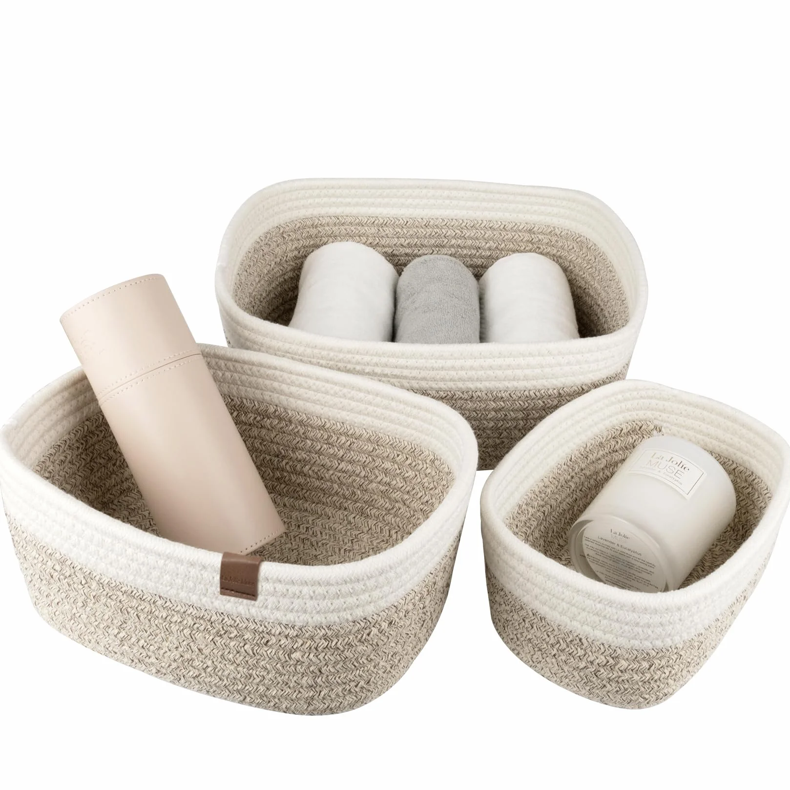 La Jolíe Muse Cesto in Corda di Cotone Cestini Portaoggetti con Manici Set di 3 Bianco Marrone
