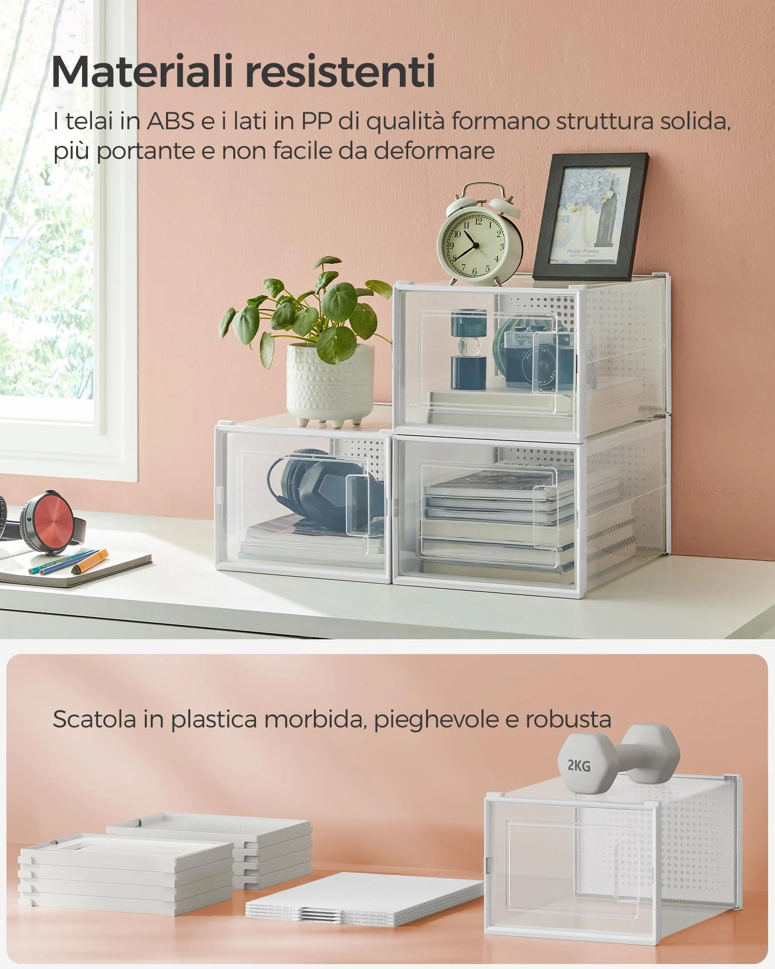 SONGMICS Pudełka na buty 8 sztuk, Organizer na buty składany, Przezroczysty biały LSP08MWT