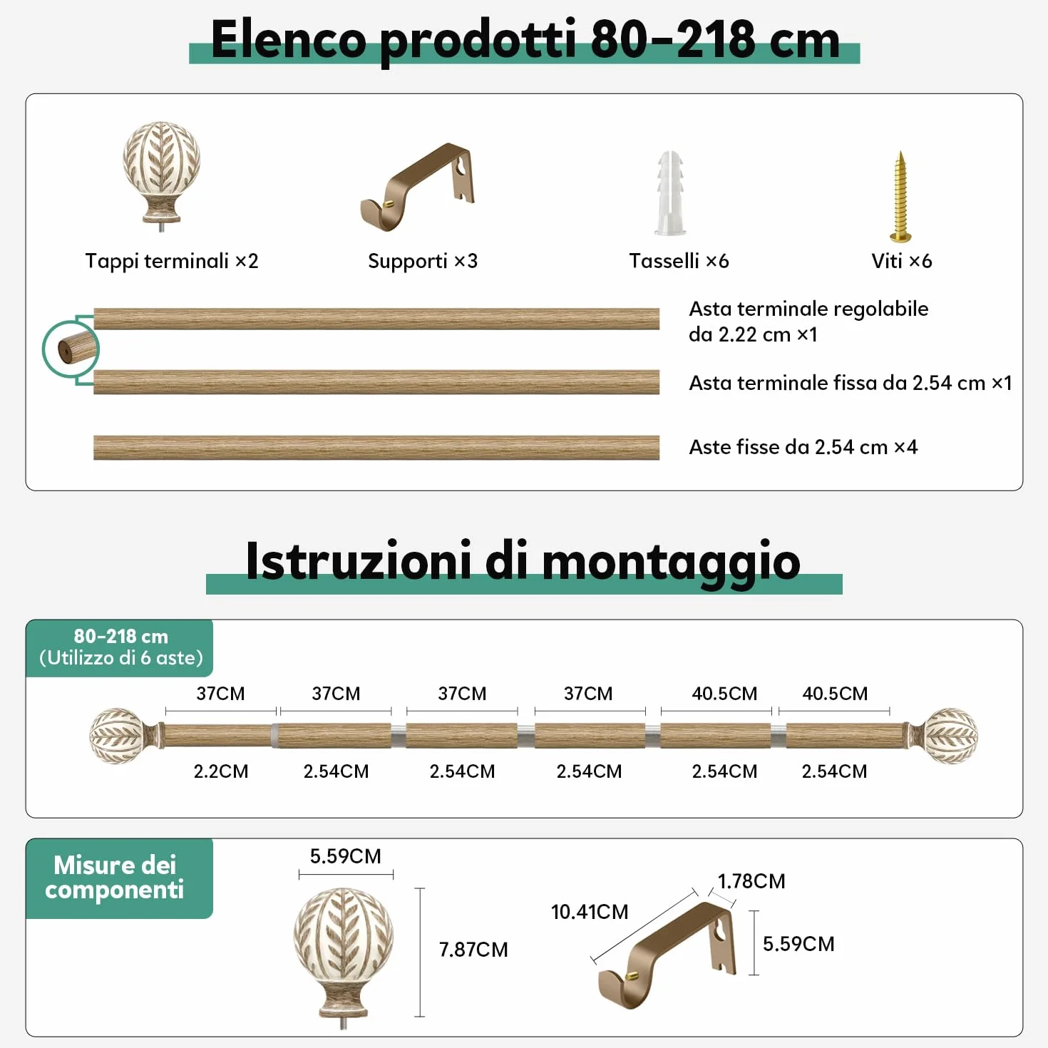 Bastone Tenda Effetto Legno Chiaro Asta Metallica Estensibile 80-218 cm Diametro 25 mm Alta Portanza Parete