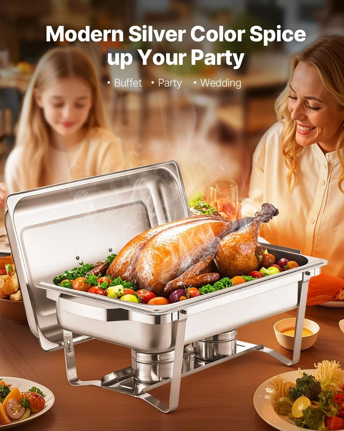 VEVOR Set da Buffet per Scaldavivande 7,5 L Scaldavivande Rettangolare in Acciaio Inox, 6 Pezzi, con 6 Padelle di Dimensioni Standard, Coperchio Supporto per Padella per Acqua e Carburante, Argento