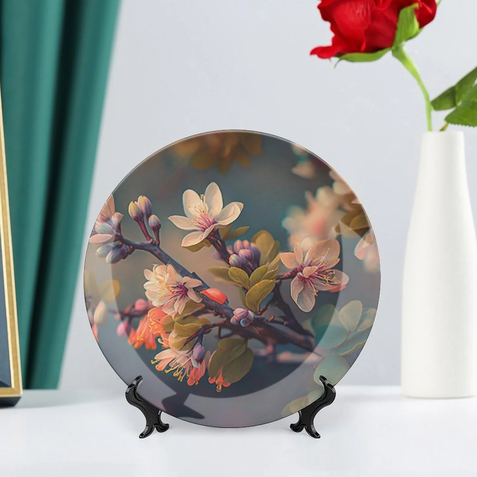 Piatti decorativi da appendere al muro, piatto in ceramica con supporto espositivo, decorazione per interni per armadi da cucina, vassoio rotondo da 20,3 cm