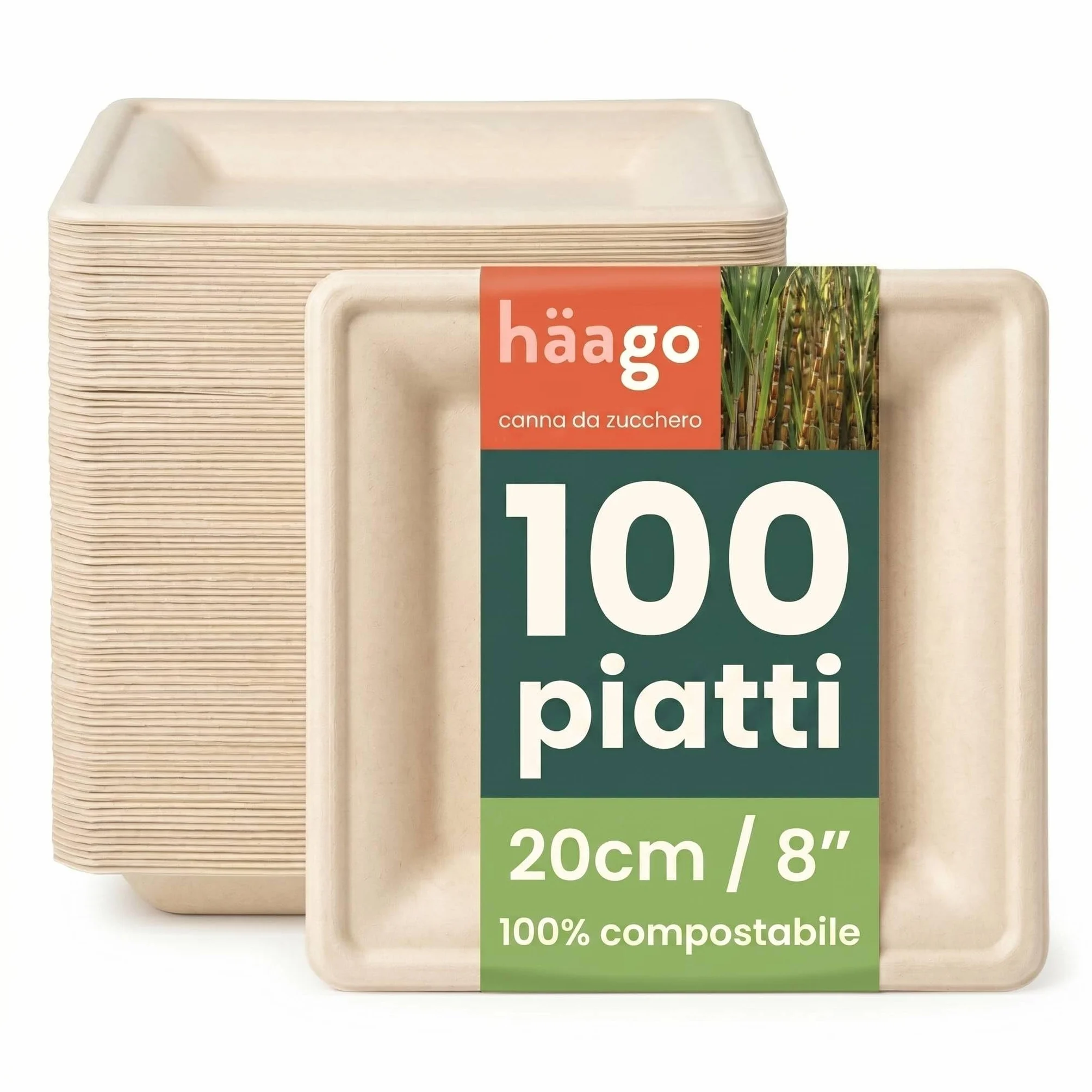 HAAGO 100 Piatti Compostabili in Canna da Zucchero 20 cm Quadrati Biodegradabili Monouso