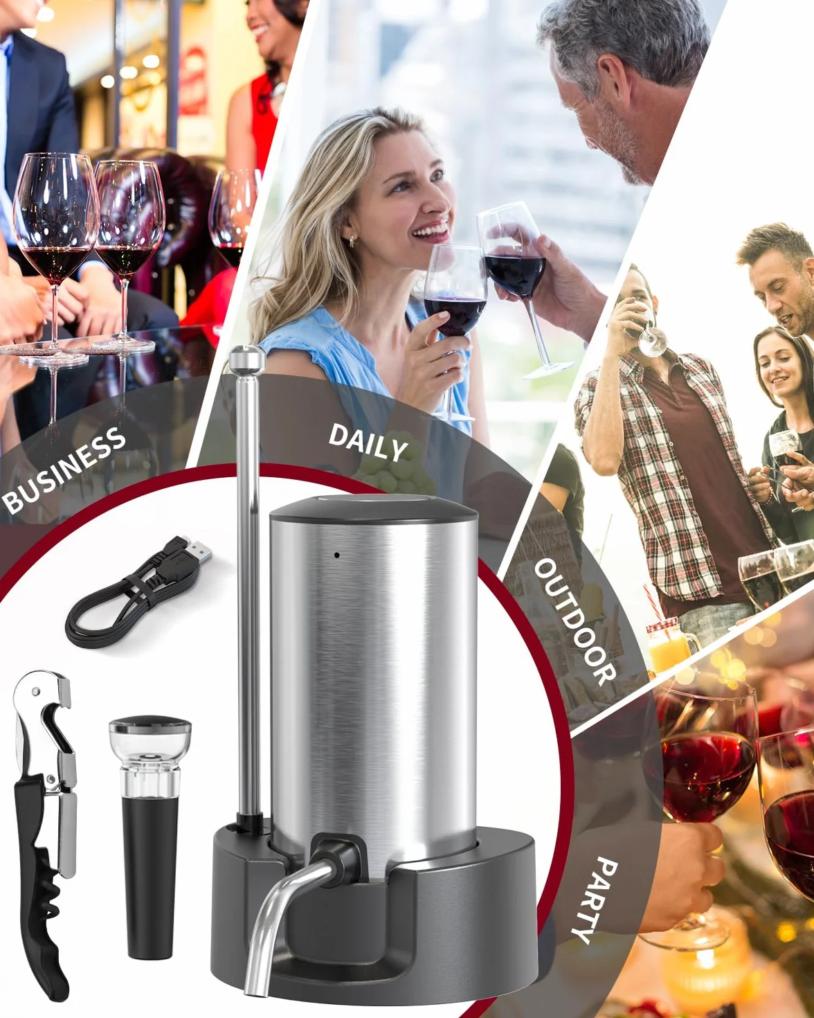 CIRCLE JOY Aeratore Elettrico per Vino Decanter Ricaricabile con Base di Conservazione Cavatappi e Tappo Sottovuoto Argento