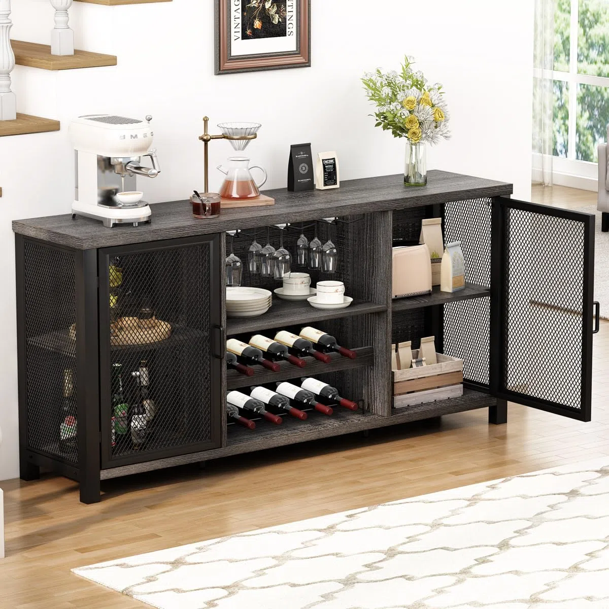 Launica Armadietto da bar per liquori, armadietto industriale per vino, credenza rustica, per liquori e bicchieri, con scaffale, per casa, cucina, sala da pranzo, rovere grigio scuro, 140 cm
