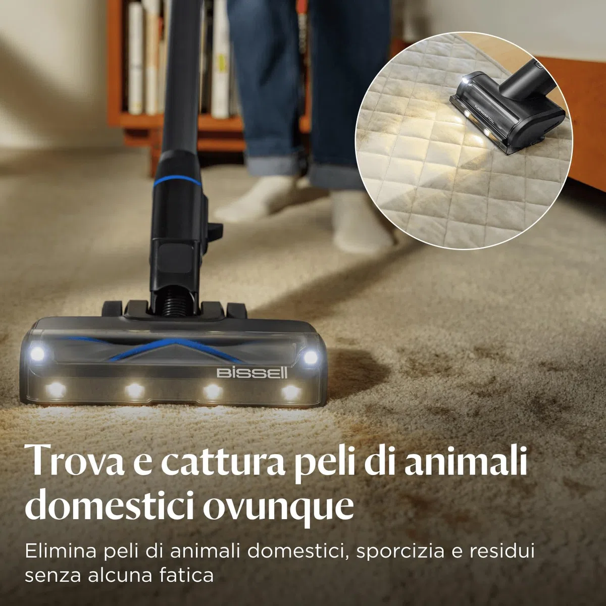 Bissell PowerClean FurGuard, Aspirapolvere Senza Fili, Motore da 280W, Spazzola a rullo Autopulente, Faretti FurFinder, Scopa Elettrica, Autoportante, Filtro HEPA, 2500 mAh Batteria Rimovibile, 4091N