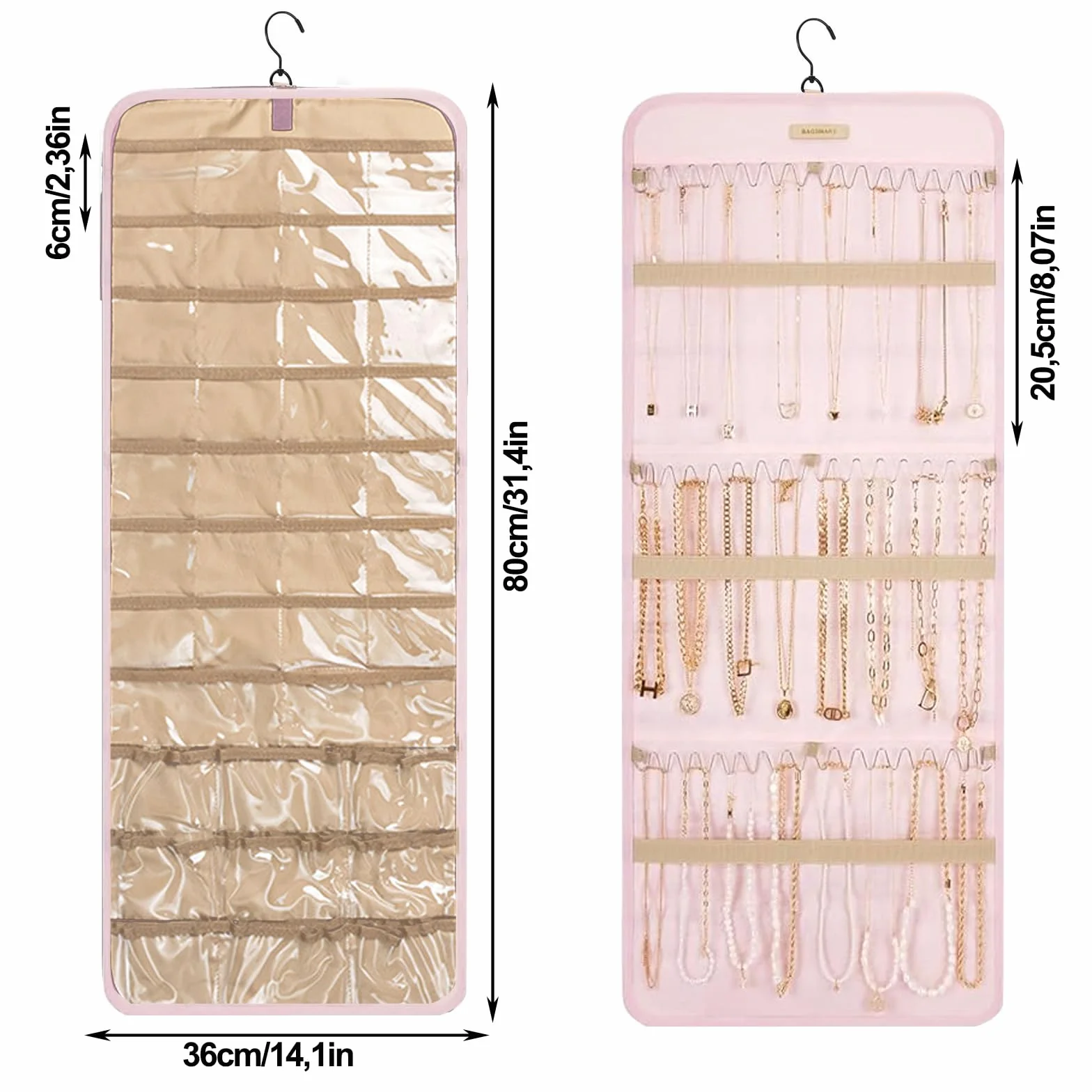 Hanging Jewelry Organizer per Armadio con 39 Scomparti e 3 Ganci Rosa