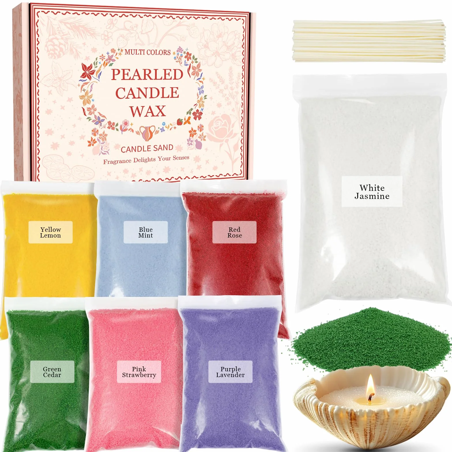 Scent-Hi Sabbia per Candele, Granuli di Cera Profumata 1.1kg 20 Stoppini - Gelsomino Lavanda Rosa Cedro Fragola Limone Menta