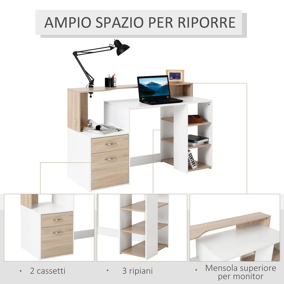 HOMCOM – Moderna Scrivania per Computer con Ripiani in Legno MDF 137 x 55 x 92cm