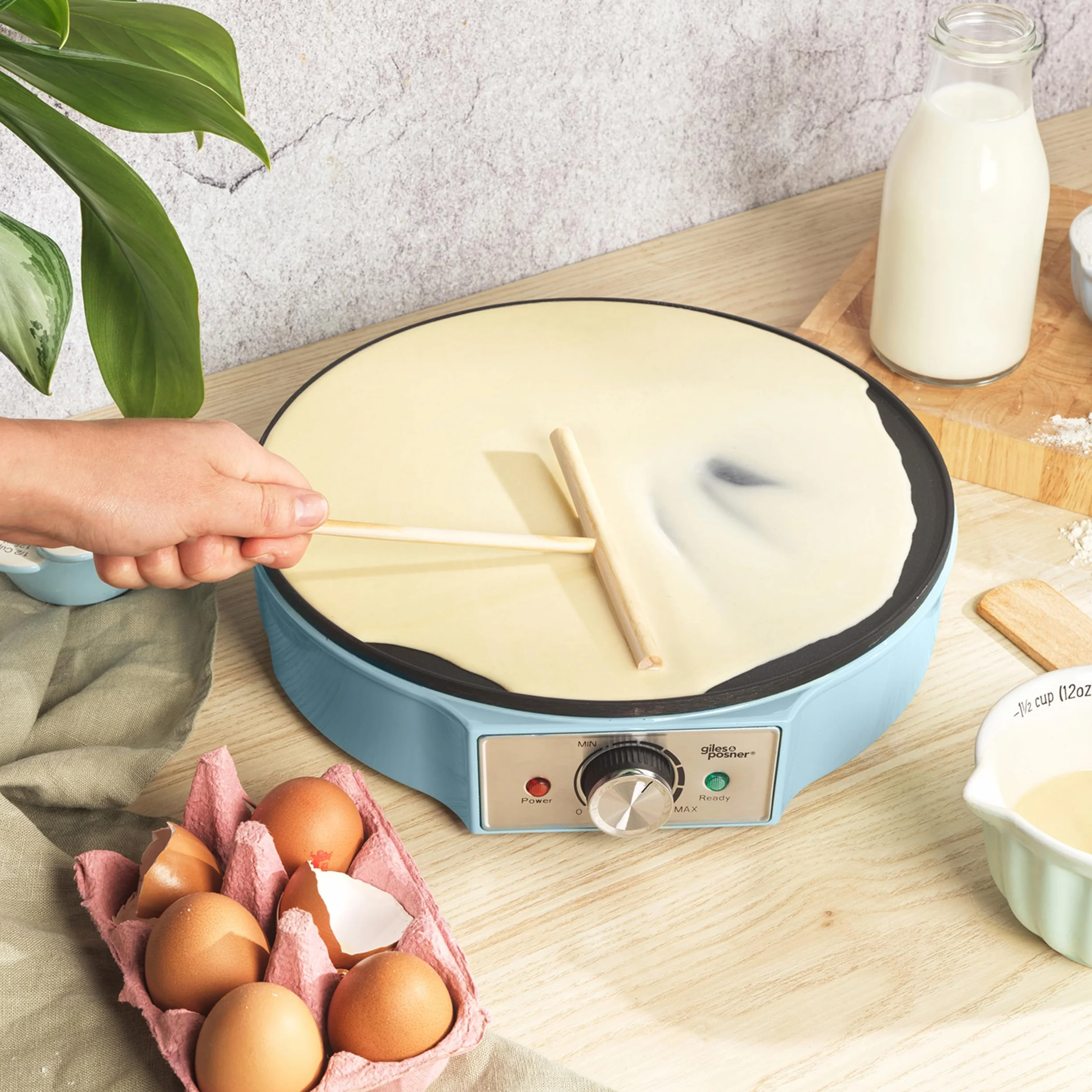 Giles & Posner Crepe Maker Piastra Elettrica Antiaderente 30 cm 1000W Temperatura Regolabile Blu