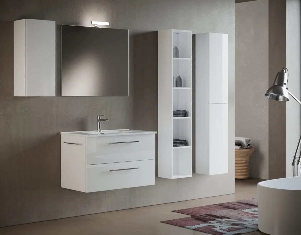 Mama Store ERA 60 - Mobile Bagno Sospeso 60 CM BIANCO LUCIDO LACCATO con Lavabo, Specchio e Lampada LED, L.62 X P.47 X H.53 cm