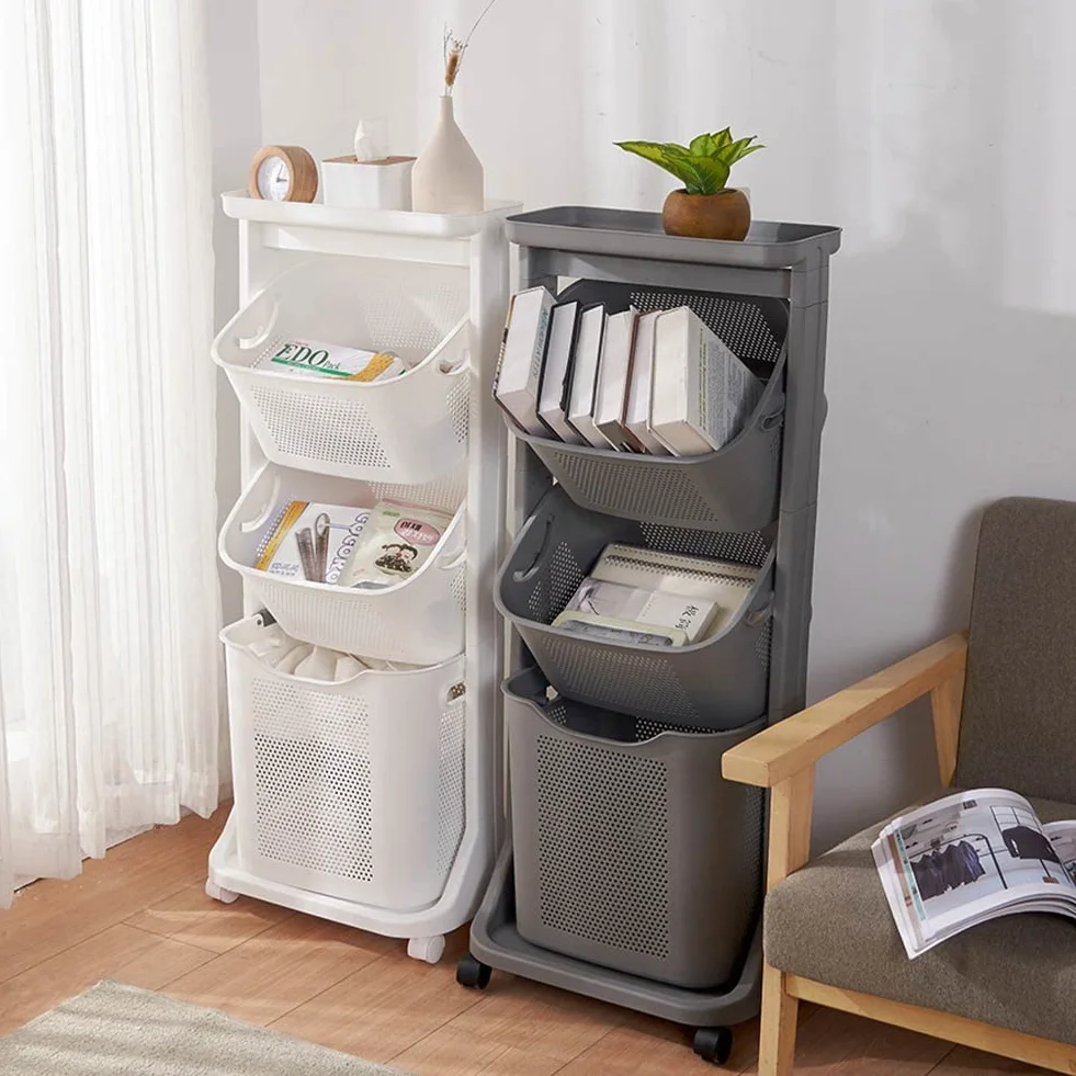 Shally Dogan Carrello Portabiancheria 3 Ripiani Multifunzione, 3 Litri di Capienza, Carrellino Salvaspazio, 1 Cesta Estraibile e 2 Cestelli Basculanti, 4 Ruote Girevoli a 360° (Grigio)