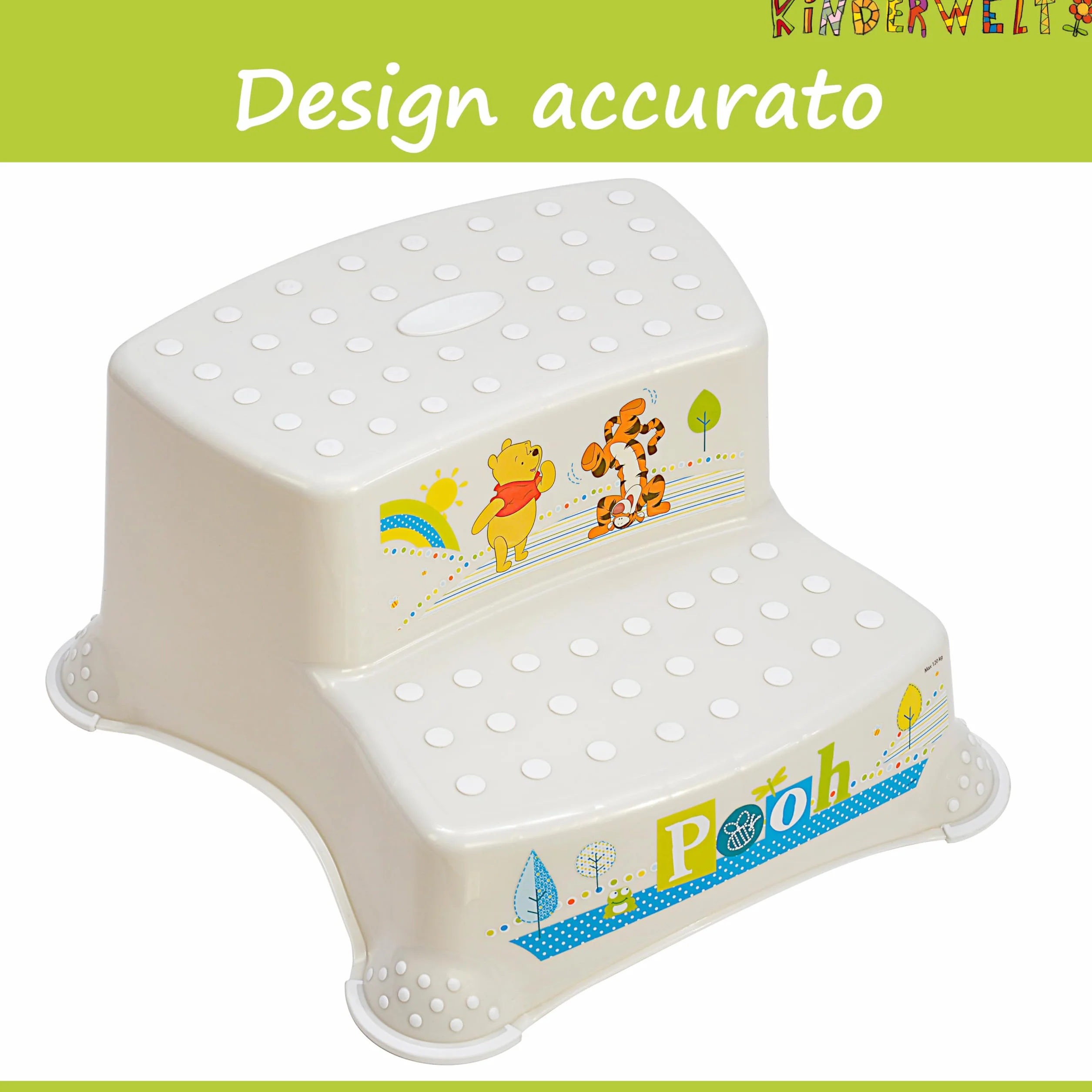 KINDERWELT bianco perla Premium sgabello a due gradini Disney Winnie the Pooh sgabello stabile per bambini con funzione antiscivolo bianco perla con grana unica piacevole effetto glitter individuale