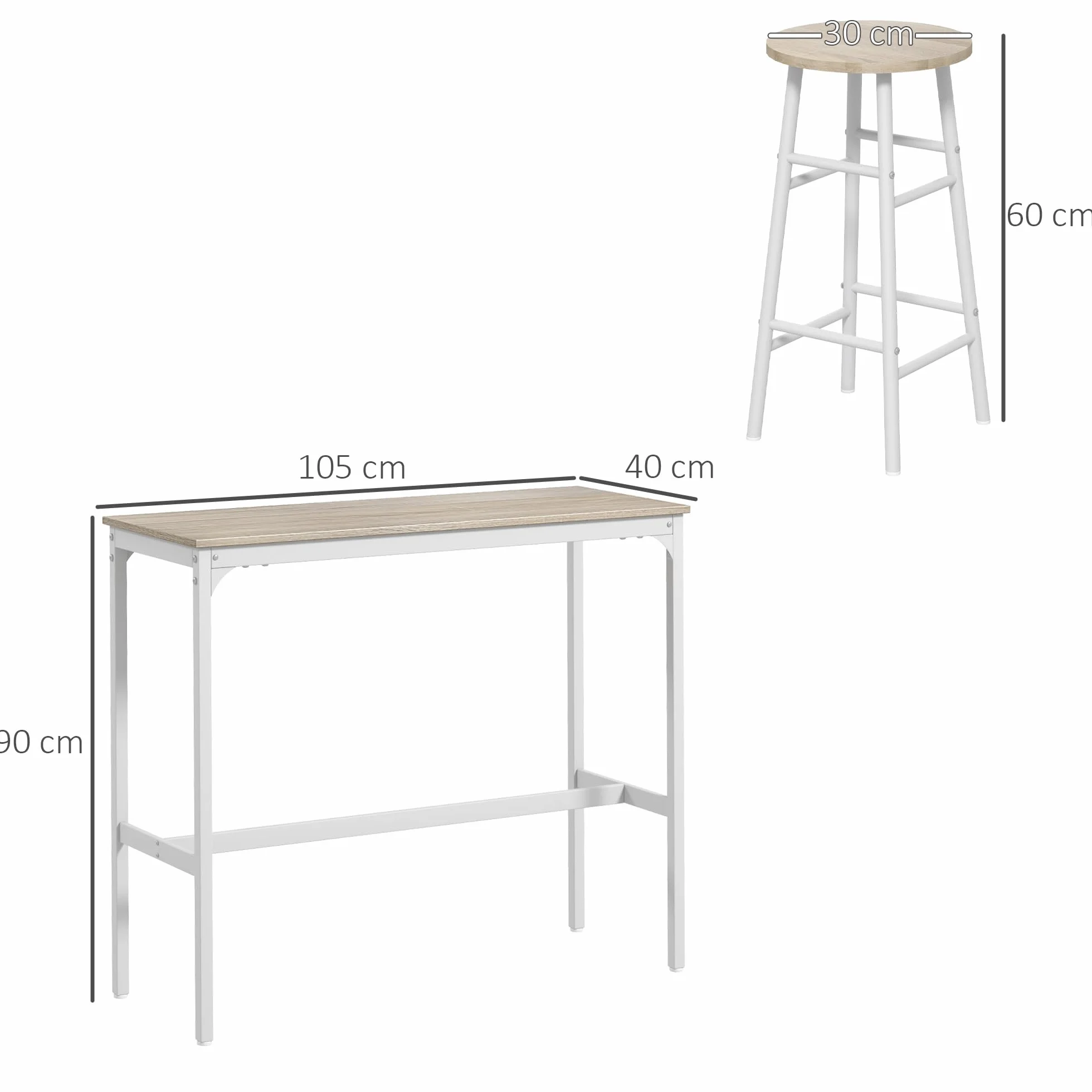 HOMCOM Set tavolo da bar bistrot + 2 sgabelli con poggiapiedi, tavolo mangia in piedi, struttura in acciaio, design industriale, tavolo alto da cucina, piano effetto legno naturale, bianco