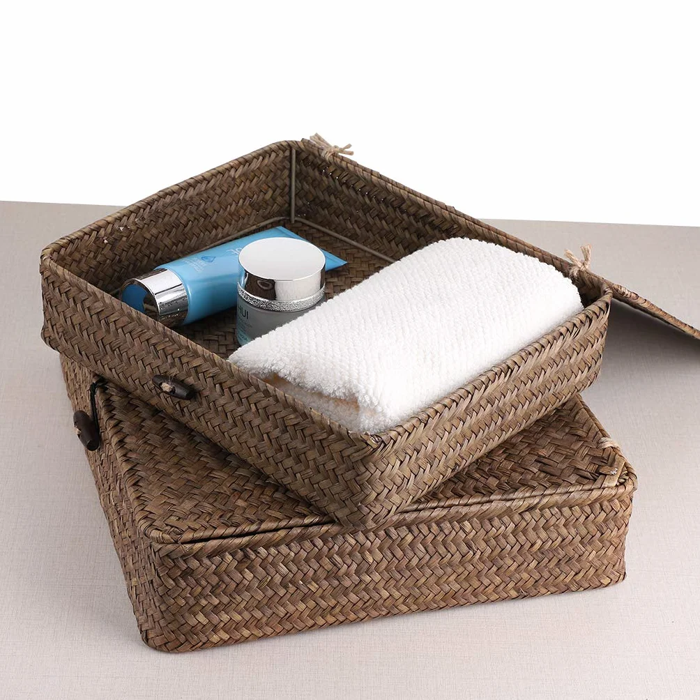 Cestini in rattan naturale con coperchio fatti a mano rettangolari marroni