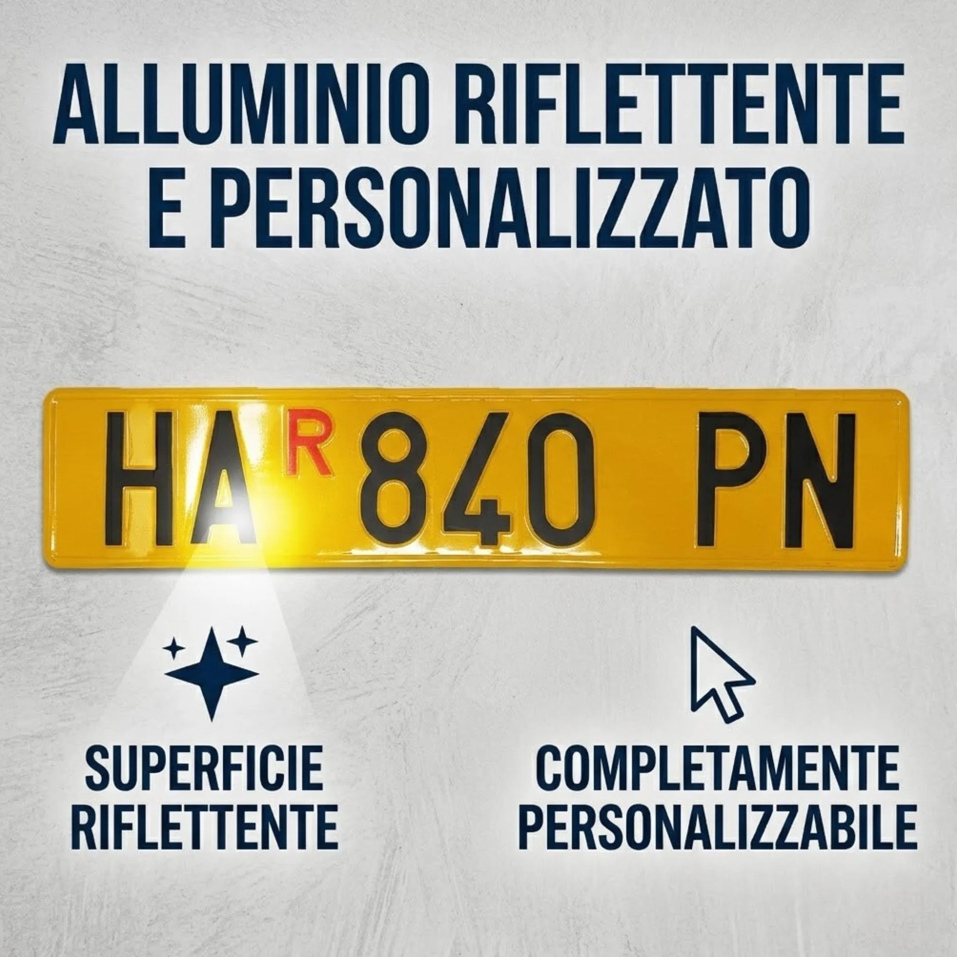 Targa Ripetitrice Battuta in Alluminio Catarifrangente, Made in Italy - Targa Personalizzabile Gialla con Caratteri in Rilievo Punzonati, Dimensioni Originali, Caratteri Omologati e R Rossa Inclusa