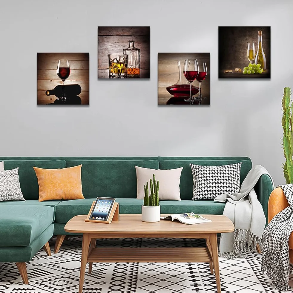 Artscope 4 parti Stampa su tela - Bicchiere da vino rosso, decorazione da parete per camera da letto, dipinti ad olio per casa, bagno, soggiorno, 30 x 30