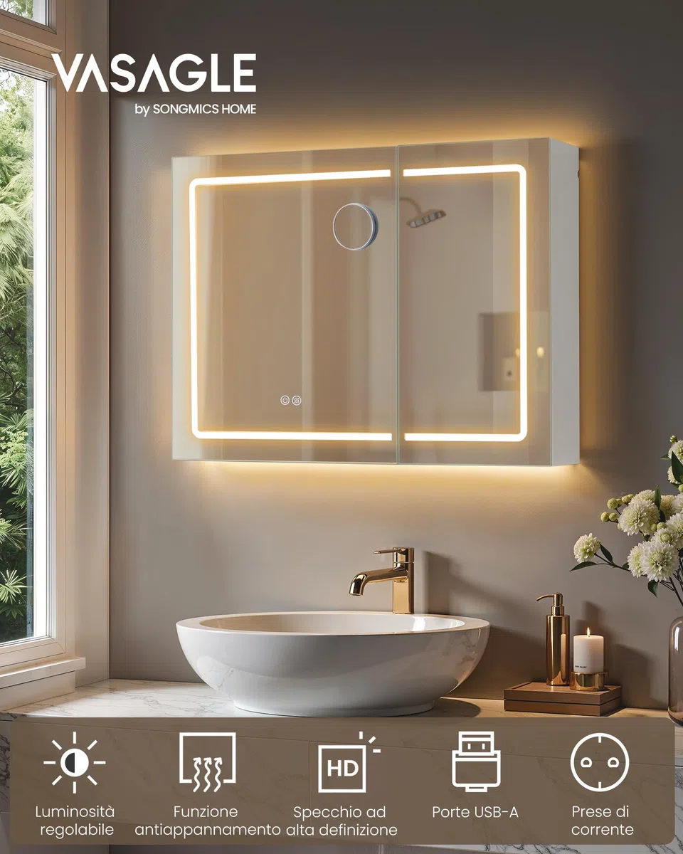 VASAGLE Kailyn Collezione - Armadietto a Specchio da Parete per Bagno con LED, Presa Multipla, Funzione Antiappannamento, Specchio Ingranditore 10x, Stile Moderno, 16,5 x 80 x 60 cm, Bianco BBK134W01