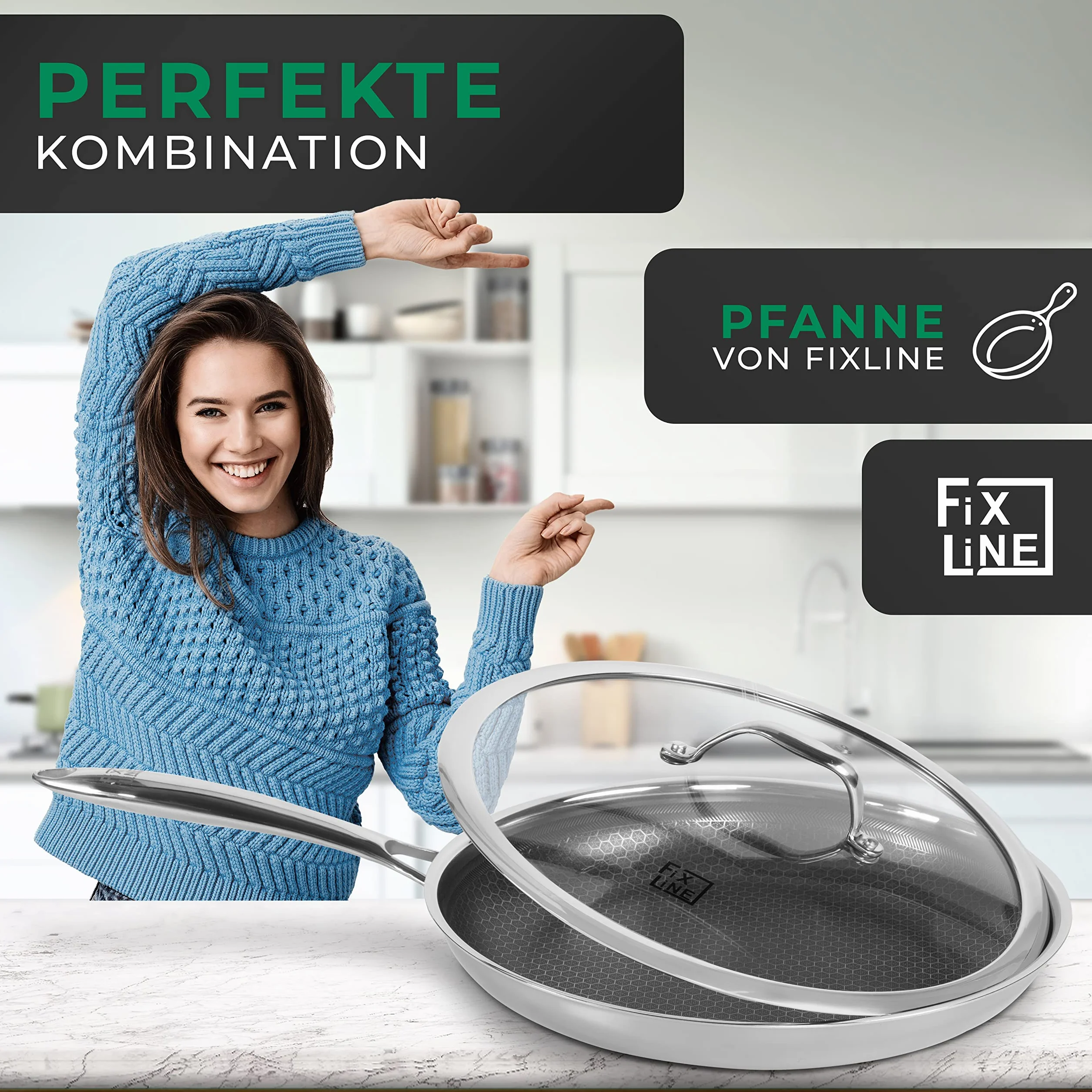 FIXLINE® Coperchio in vetro 28 cm – Coperchio universale in vetro temperato con uscita vapore e bordo in acciaio inox – Coperchio per padella e coperchio adatto per padelle e pentole Ø 28 cm