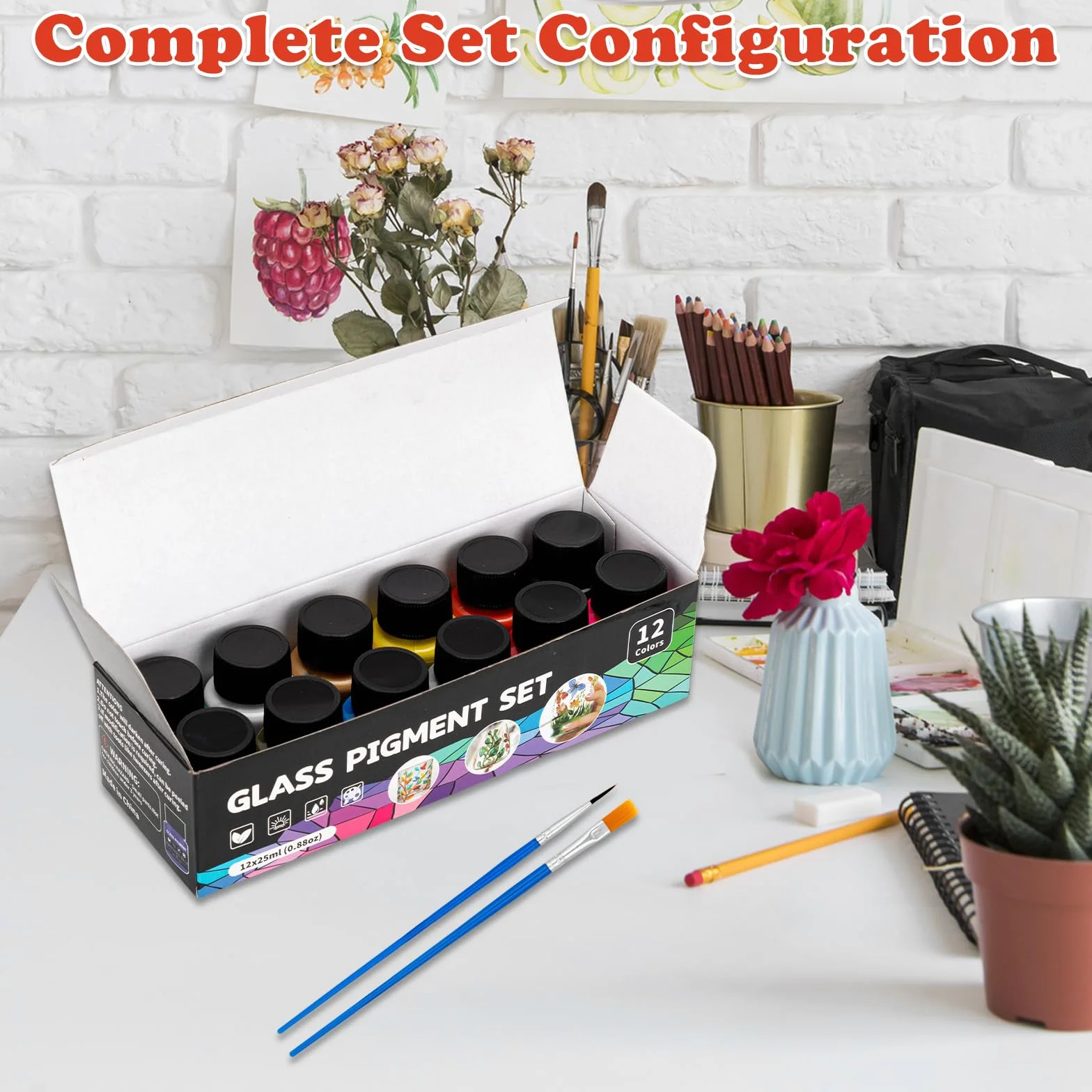 Vernice per vetro colorato 300 ml, kit 12 colori con 2 penne, atossica impermeabile