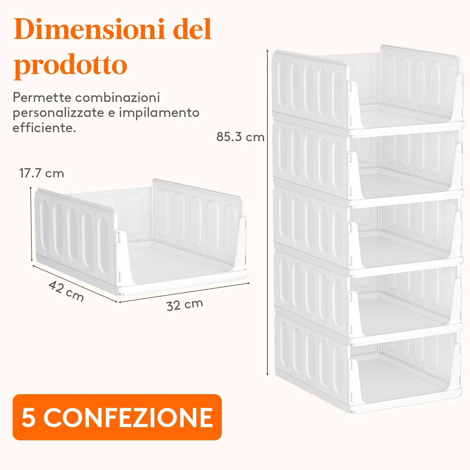 Lifewit Organizer Armadio, Contenitori Impilabili per Vestiti con Cassetti Salvaspazio, 24L Bianco 5 Pezzi