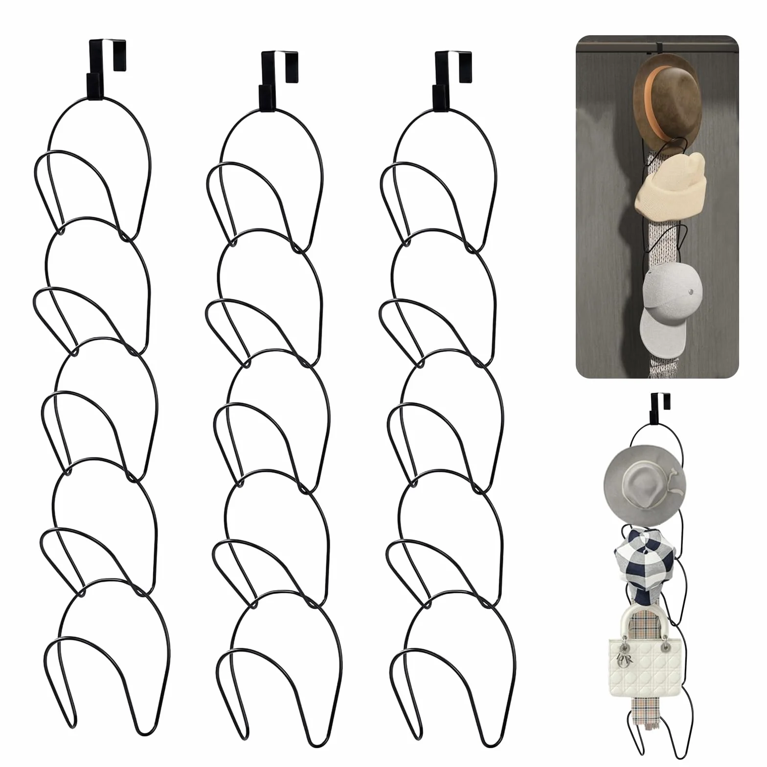 15 Pezzi Porta Cappelli da Porta Espositore Cappelli, Organizer per Appendi Cappelli, Portacappelli da Muro, Appendiabiti Ganci per Cappelli da Baseball, Sciarpe, Vestiti, Cravatte (Nero)