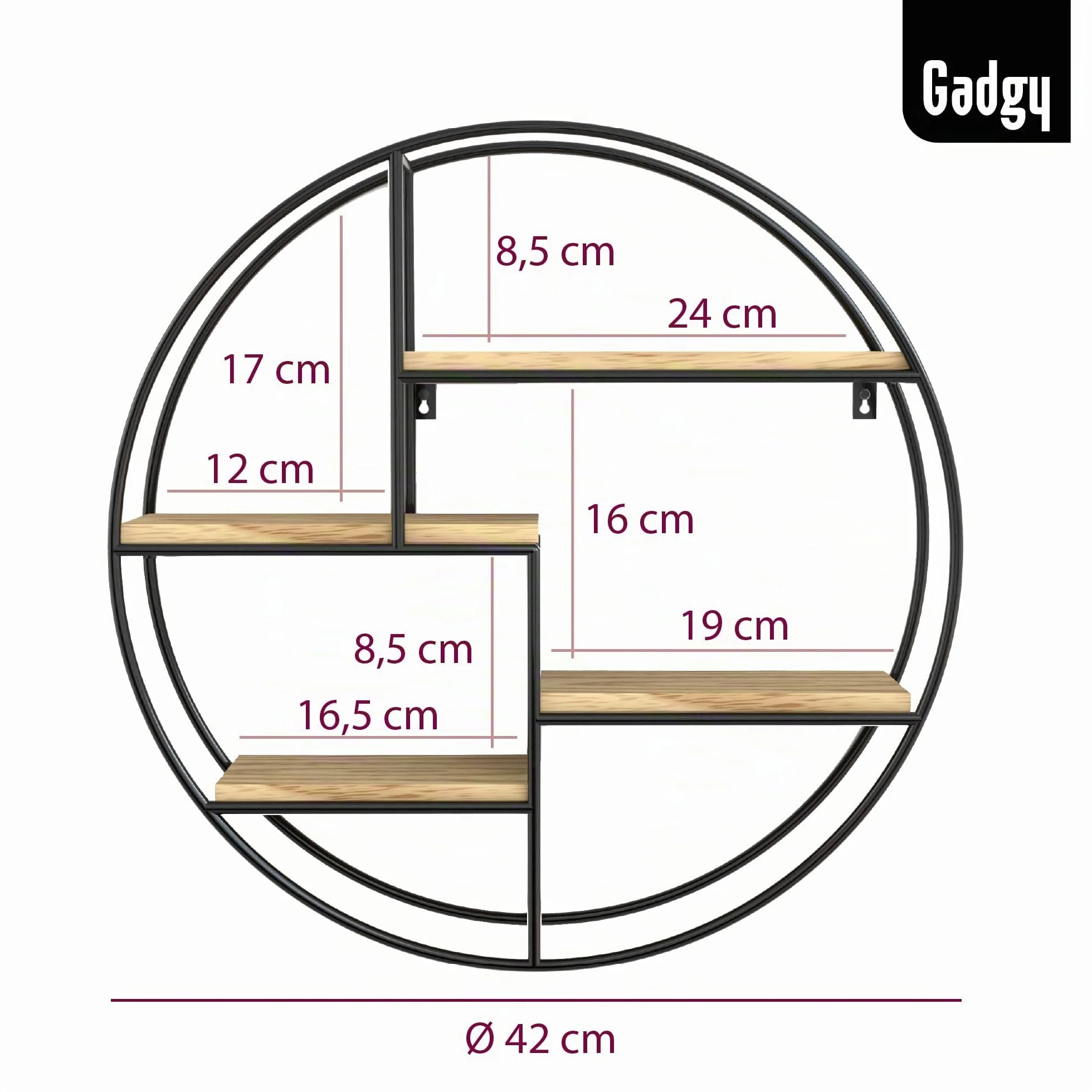 Mensola Rotonda da Parete con 4 Ripiani Gadgy in Legno e Metallo, Stile Industriale, 42 x 10 cm