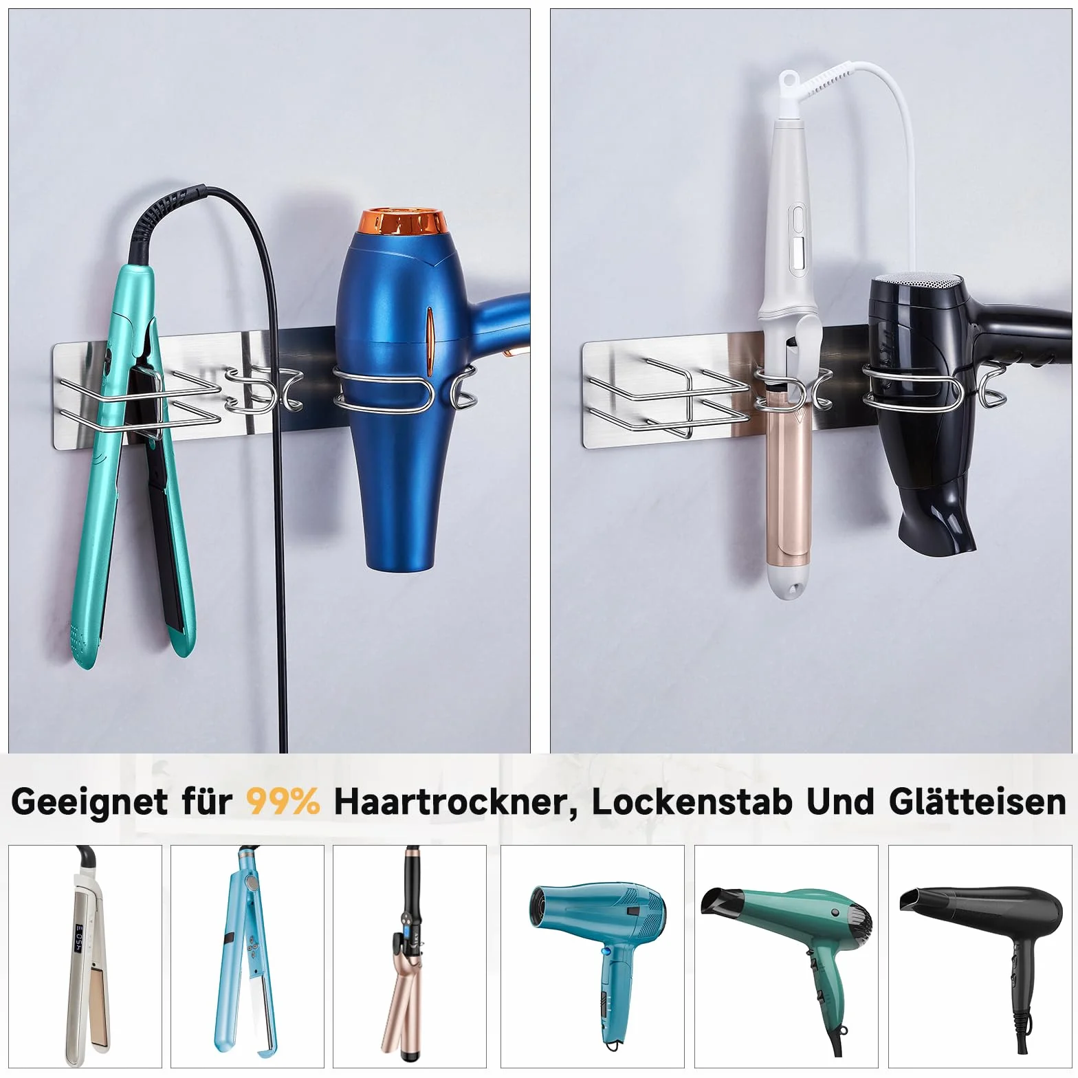 YYBO Porta Phon da Muro, 3 in 1 Supporto per Asciugacapelli, Piastra Capelli, Ferro Arricciacapelli, Metallo Porta Asciugacapelli e Piastra Adesivo (Argento)