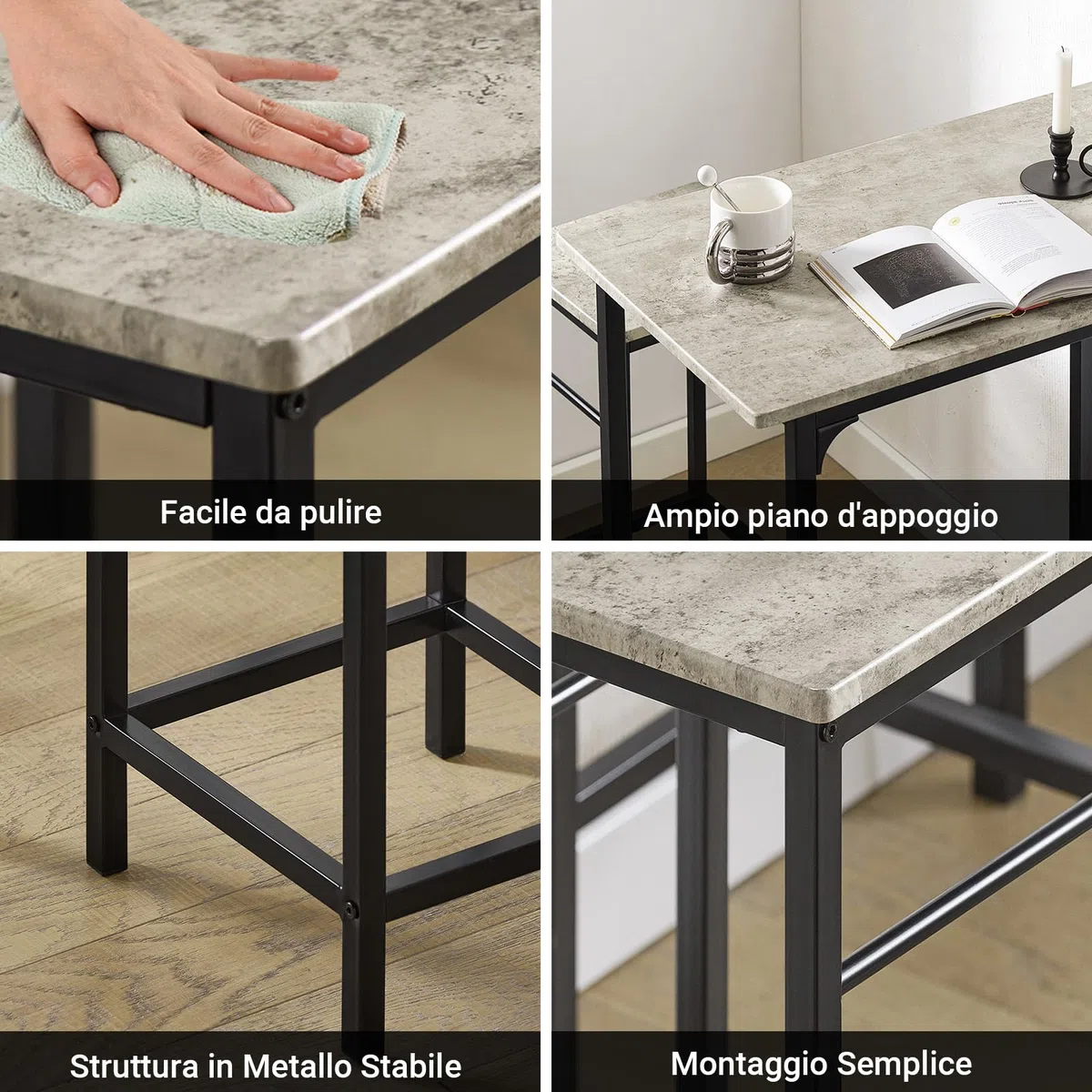 SoBuy Set Tavolo da Bar Alto con 2 Sgabelli - Tavolo Salvaspazio per Cucina Piccola e Balcone, Stile Industriale Moderno - Tavolino Alto da Esterno per Giardino o Terrazzo OGT10-HG