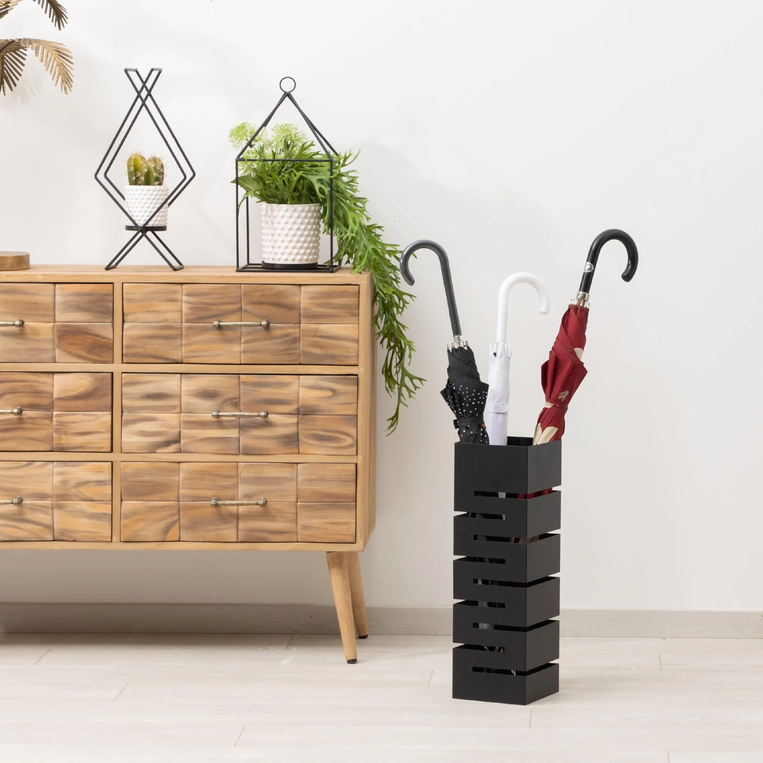 Baroni Home Portaombrelli Design Moderno Porta Ombrelli in Metallo Nero Geometrico con 2 Gancini e Vaschetta Scolapioggia Rimovibile 15,5X15,5X49 cm…