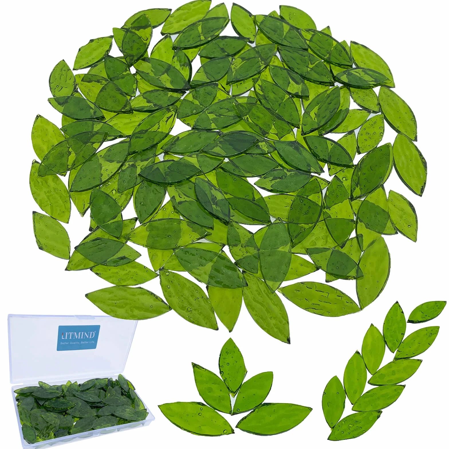 LITMIND 120 pezzi verde oliva strutturato trasparente mosaico petali e foglie in 2 misure, in vetro colorato tagliato a mano, piastrelle per mosaico per artigianato, ideale per progetti artistici a