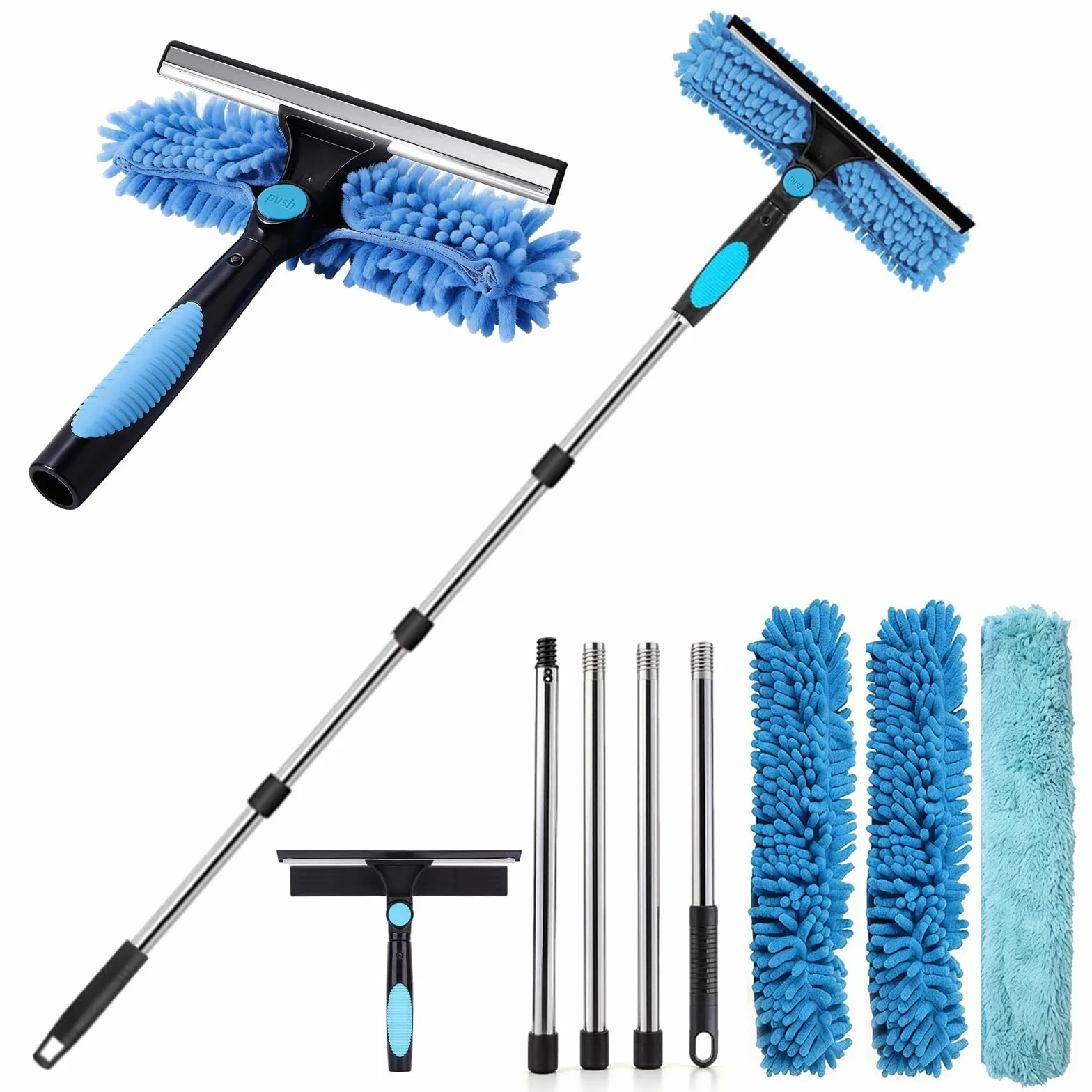 Kit Pulizia Vetri Telescopico 2-in-1 fino a 180 cm,Set Professionale con Racleta in Silicone,Paños in Microfibra,Manico Estensibile per Finestre Alte,Vetro,Doccia,Specchi & Auto