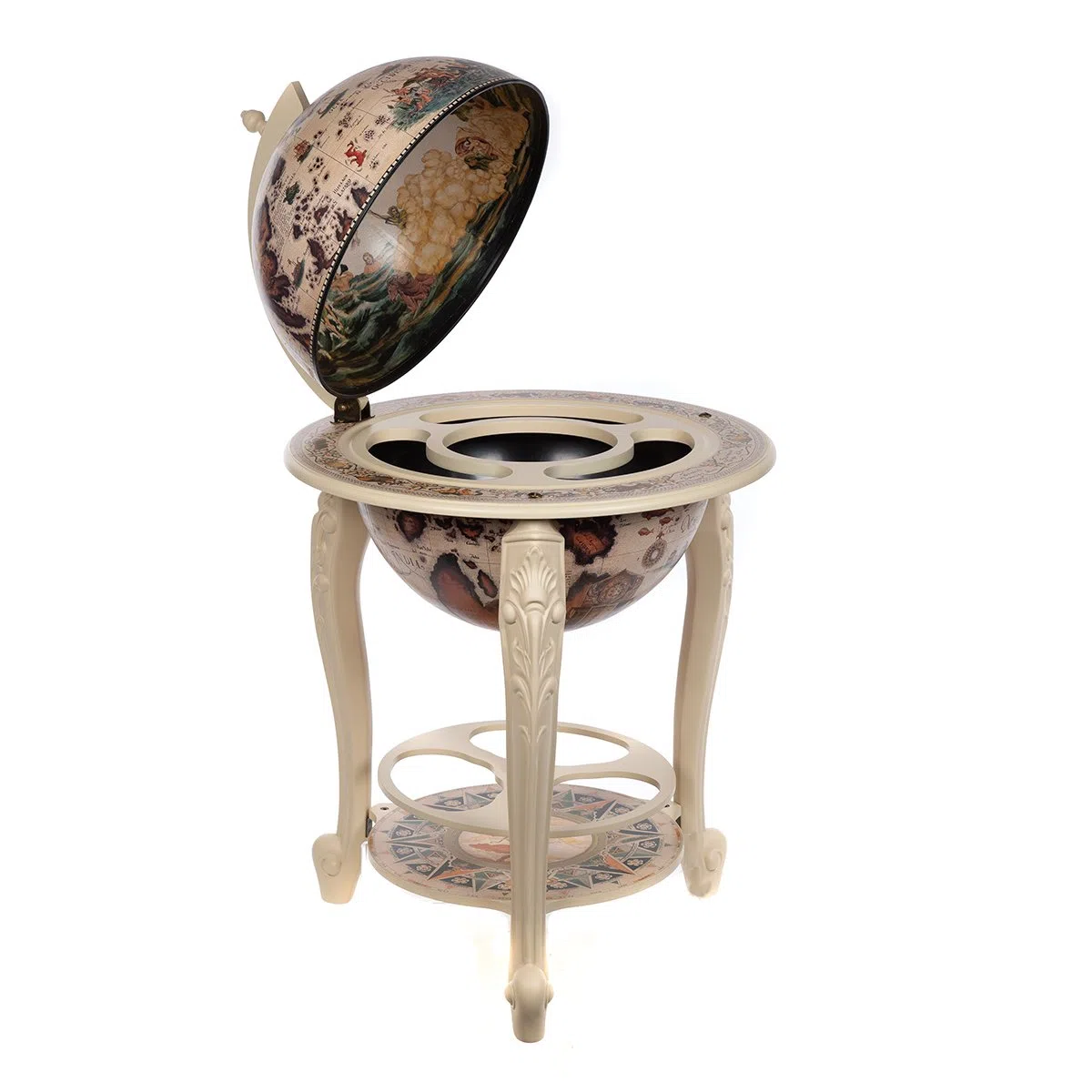 Carrello bar gigante XXL 45001WW10, con colonne in legno massiccio di eucalipto, bianco avorio, aperto 115 cm di altezza e 60 cm di larghezza, bar a globo, bar della casa, cocktail bar