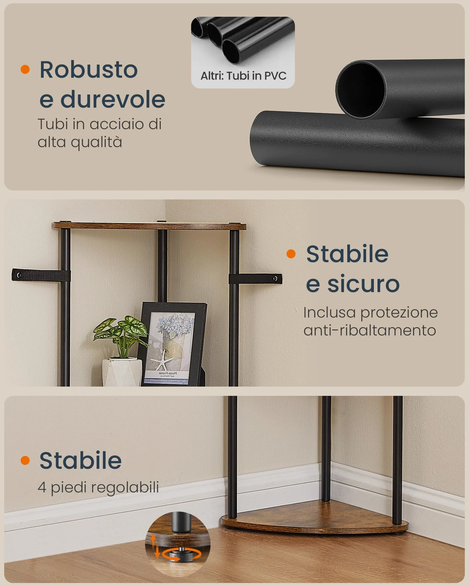 SONGMICS HOME Montaggio Super Veloce Senza Attrezzi, Scaffale Angolare a 5 Ripiani, 38,3 x 27 x 139 cm, Marrone Vintage