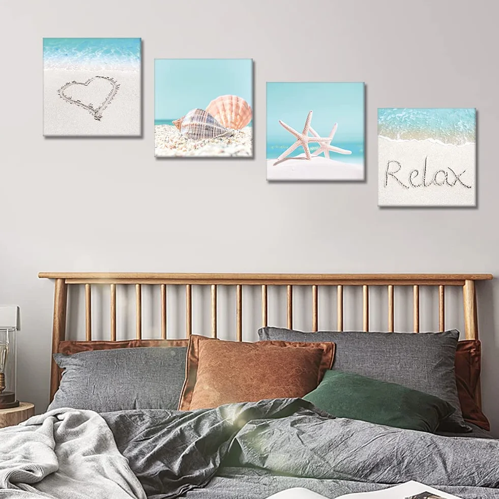 Artscope Stampe e Quadri su Tela 4 pz. Crostacei e Spiagge Immagine Fotografia Murale Tela Wall Art Bel Regalo per Home Decor Ristorante Cucina Regalo di Anniversario Compleanno 30x30CM