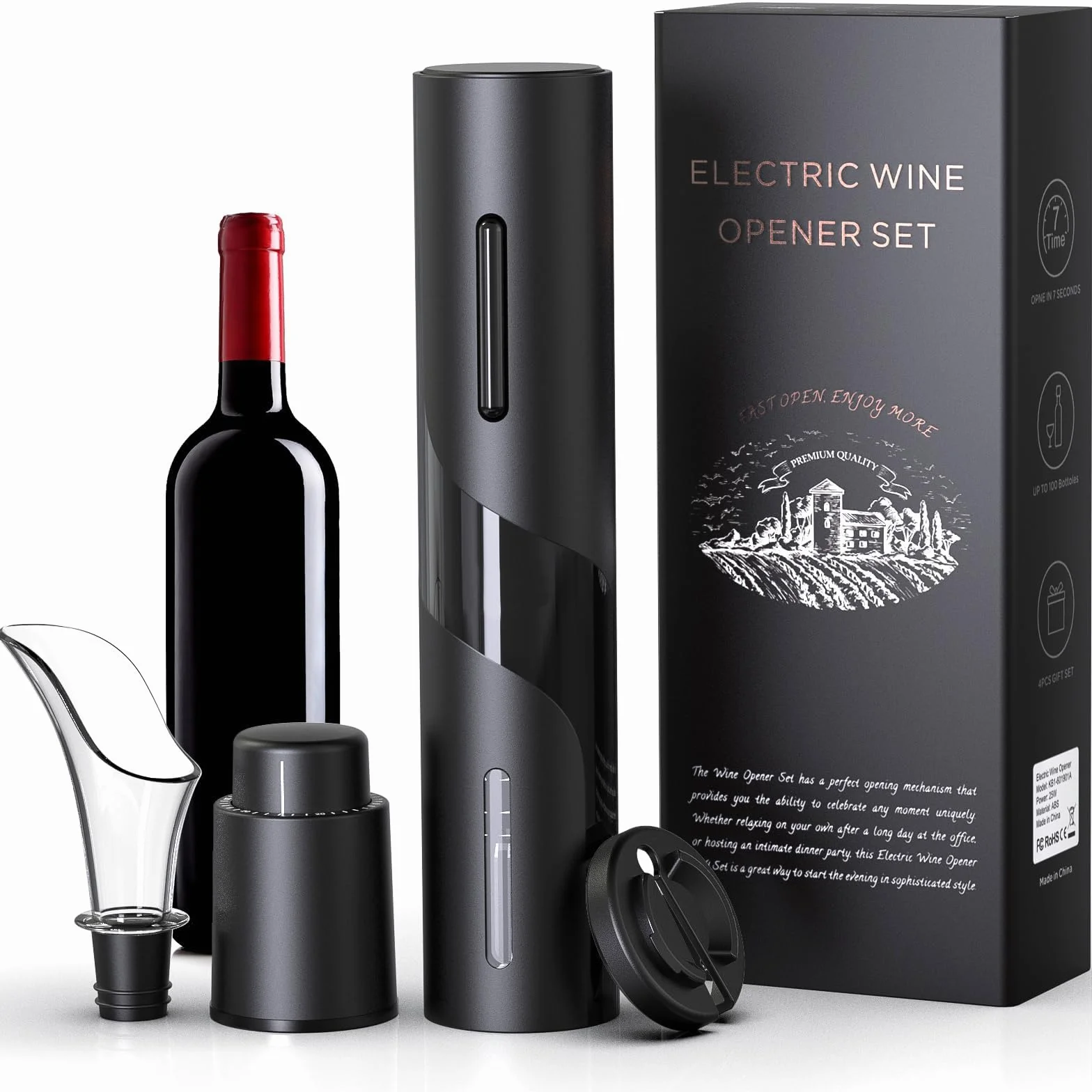 Quntis Cavatappi Elettrico Professionale Set con Cutter Alluminio, Spina Sottovuote, Versatore, Regalo Natale