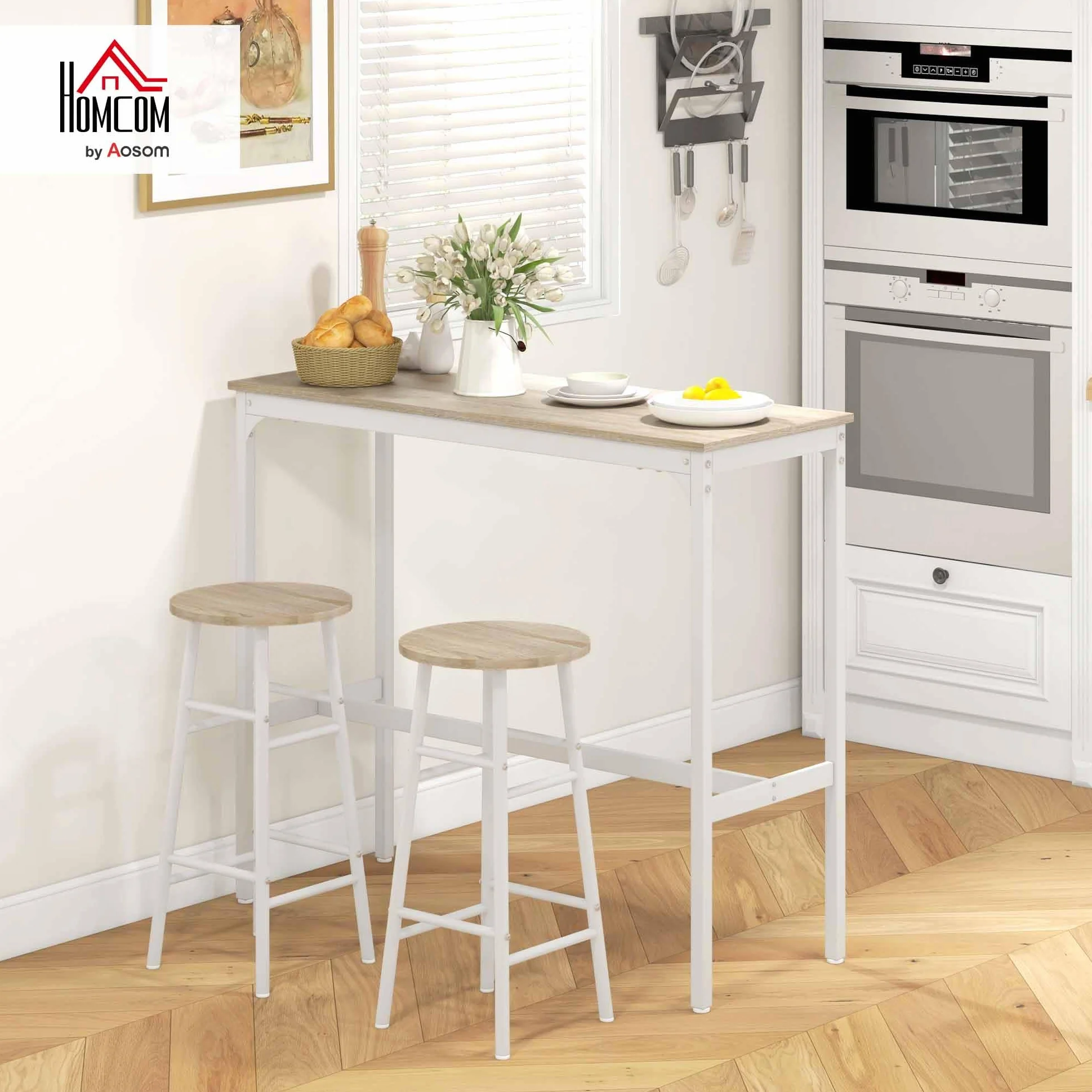 HOMCOM Set tavolo da bar bistrot + 2 sgabelli con poggiapiedi, tavolo mangia in piedi, struttura in acciaio, design industriale, tavolo alto da cucina, piano effetto legno naturale, bianco