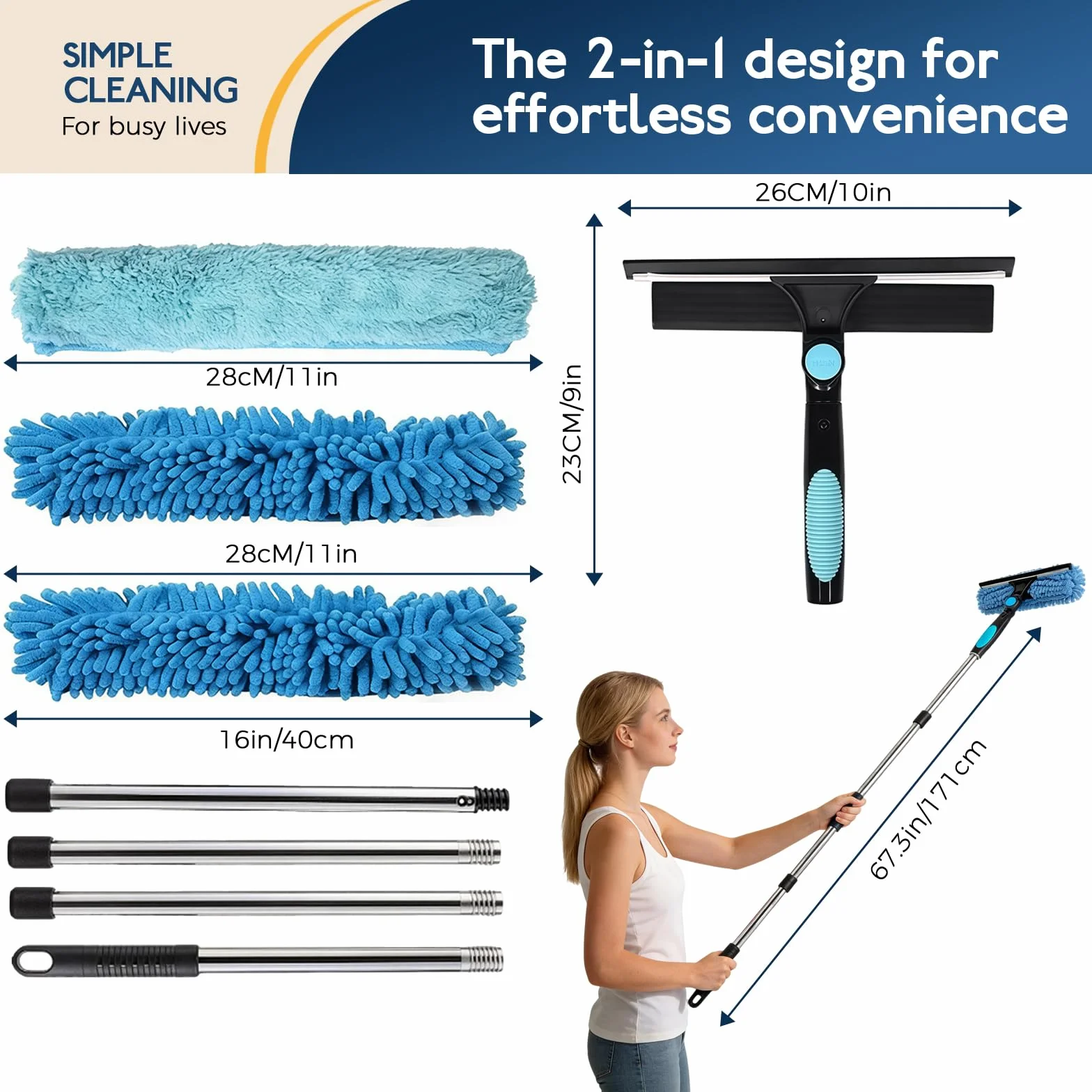 Kit Pulizia Vetri Telescopico 2-in-1 fino a 180 cm,Set Professionale con Racleta in Silicone,Paños in Microfibra,Manico Estensibile per Finestre Alte,Vetro,Doccia,Specchi & Auto