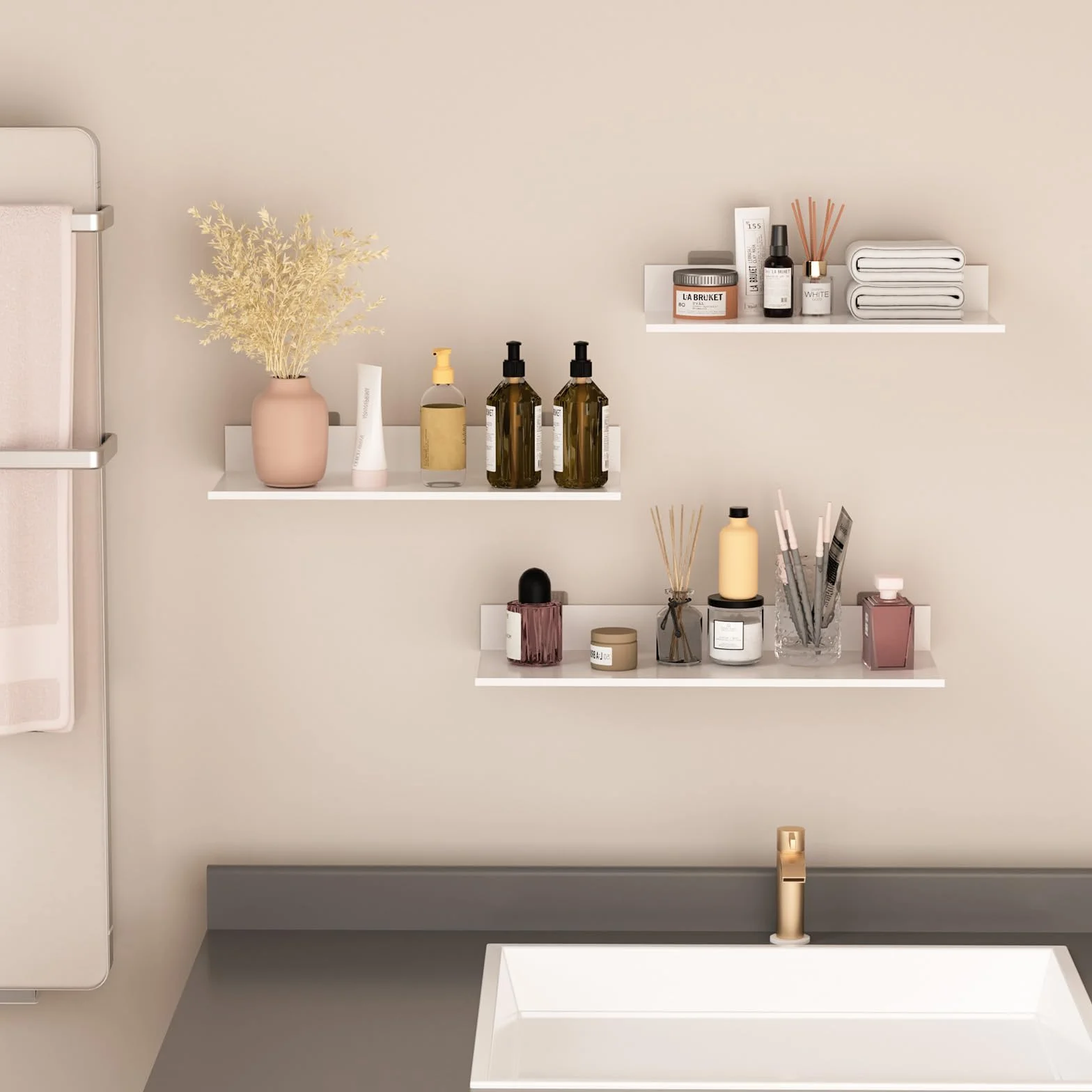 Mensole da Muro Design Bianco, Set di 3, Mensola Decorative in Metallo per Soggiorno, Camera da Letto, Cucina
