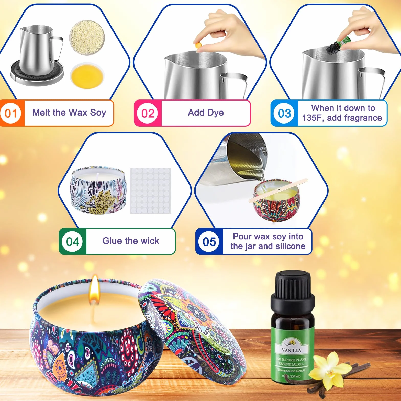 UCAMP Kit per Realizzare Candele Fai da Te per Principianti con Lattine e Stoppini