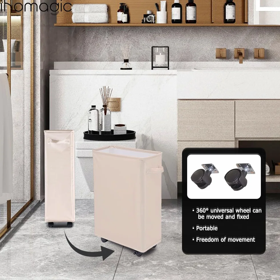 Cesto della Biancheria con Ruote 40L - Cesta Portabiancheria Pieghevole Rettangolare Beige