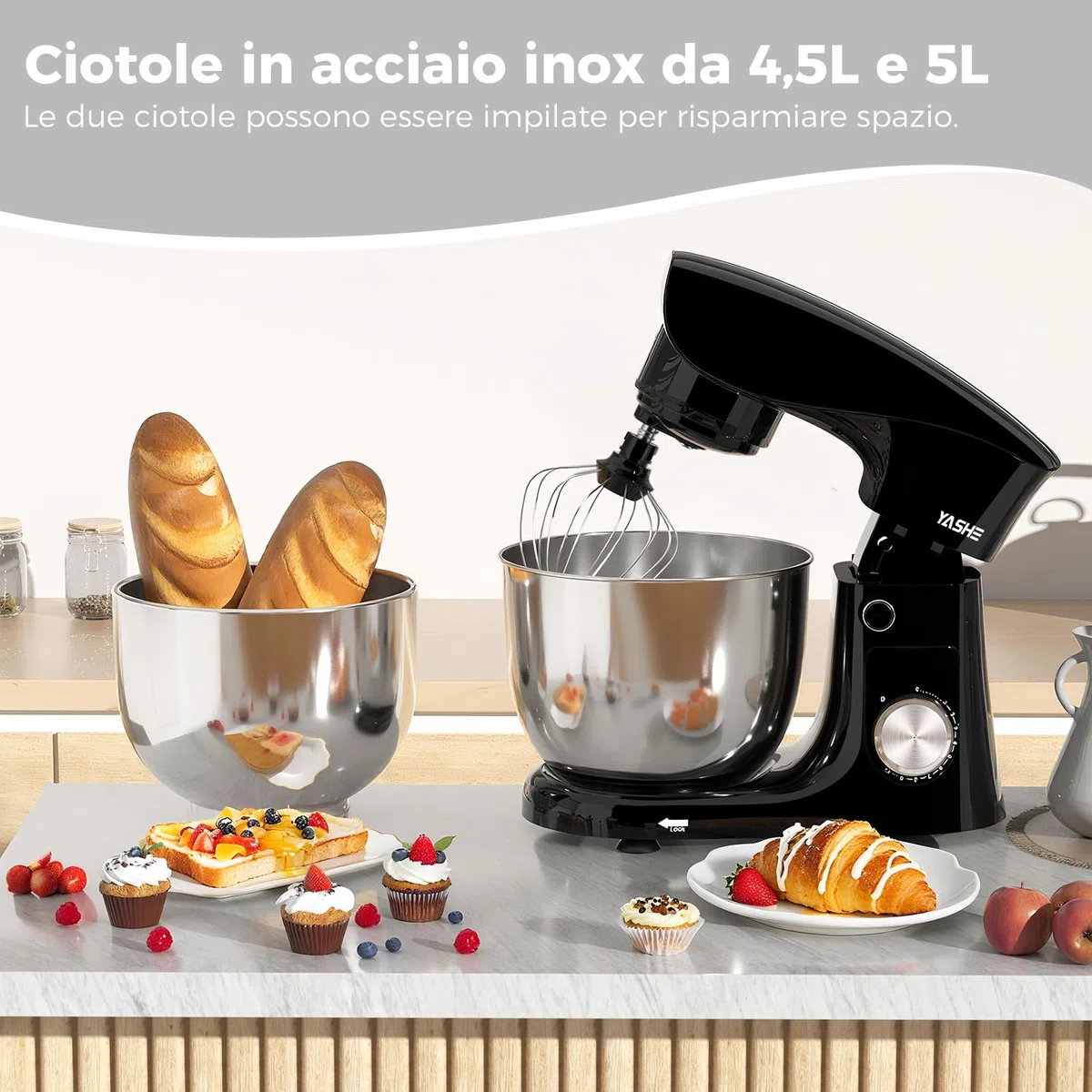 YASHE Impastatrice Planetaria 1500W, 2 Ciotole in Acciaio Inox 4,5L + 5,5L, 10+P Velocità, Testa Inclinabile, con Gancio Impastatore, Frusta e Sbattitore, Nero
