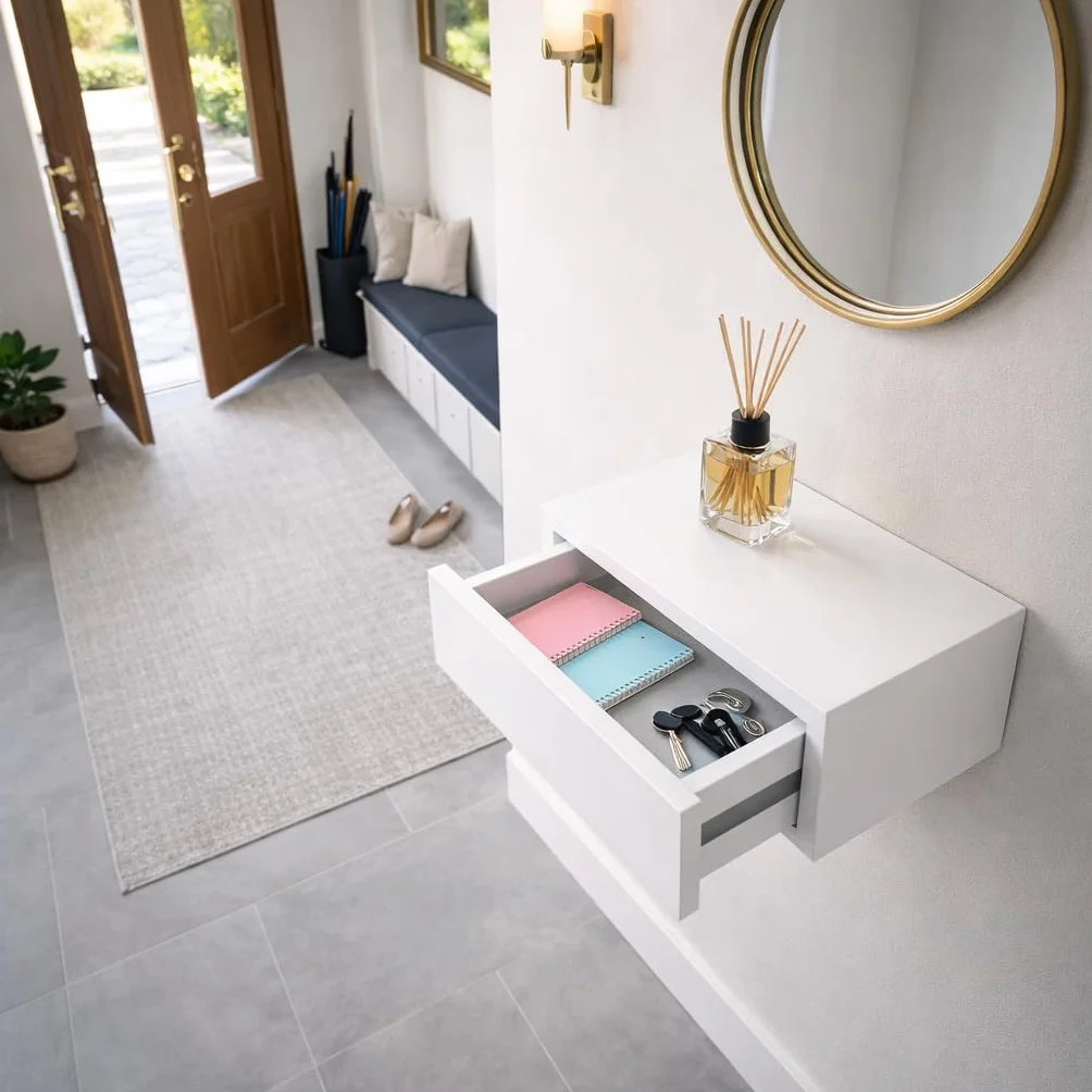 Mensola a Parete con Cassetto Integrato Legno 40x24x10h cm Bianco Salvaspazio 5Kg